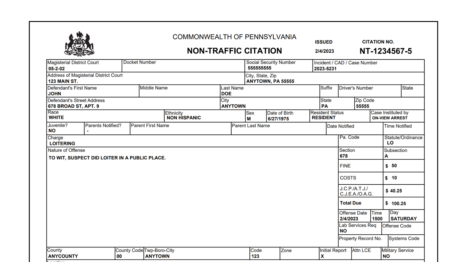 Lapd Cite Example Rsc Example PA Non-Traffic Citation — Informant Technologies, Inc.