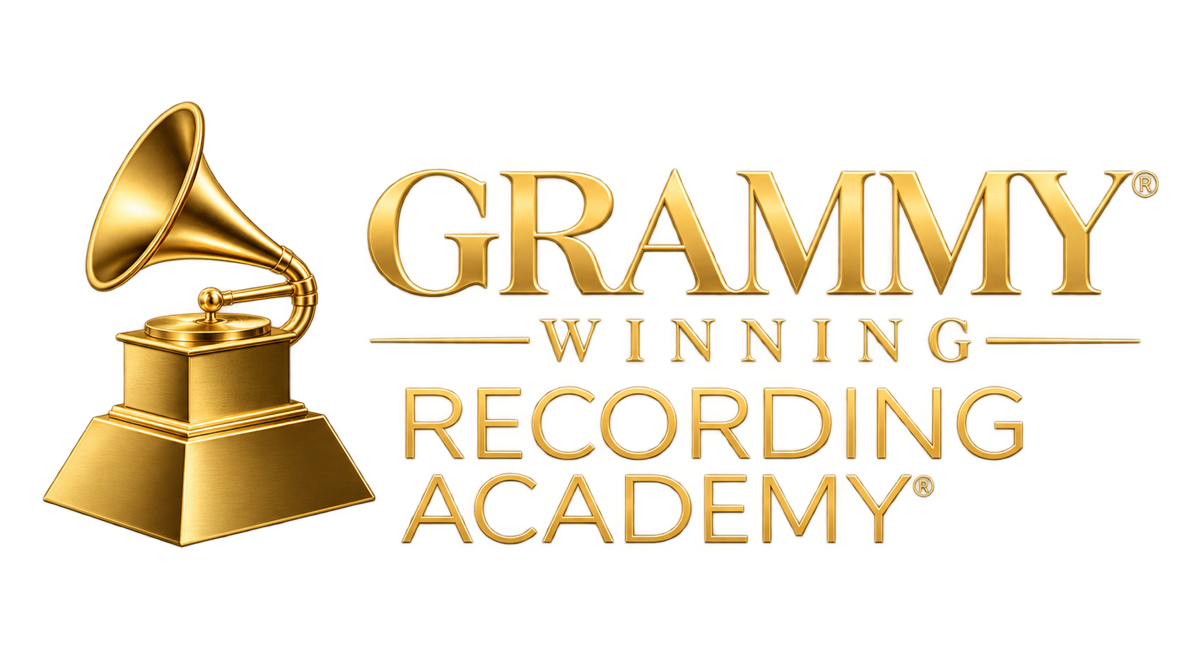 Golden gramophone on the left and the words "Grammy Winning Recording Academy" in gold text on a yellow background.