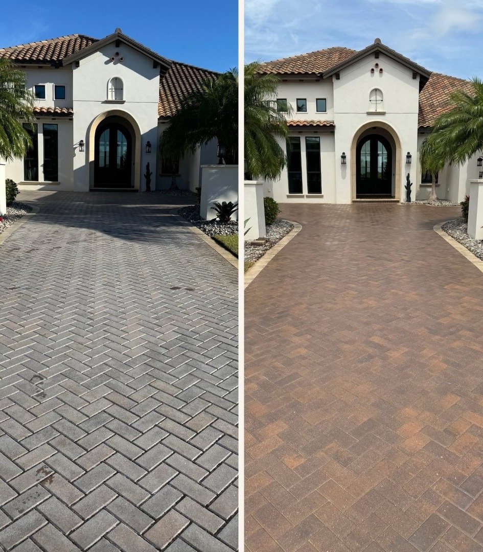 Gray herringbone paver driveway before and after failed sealant restoration, now a warm brick tone