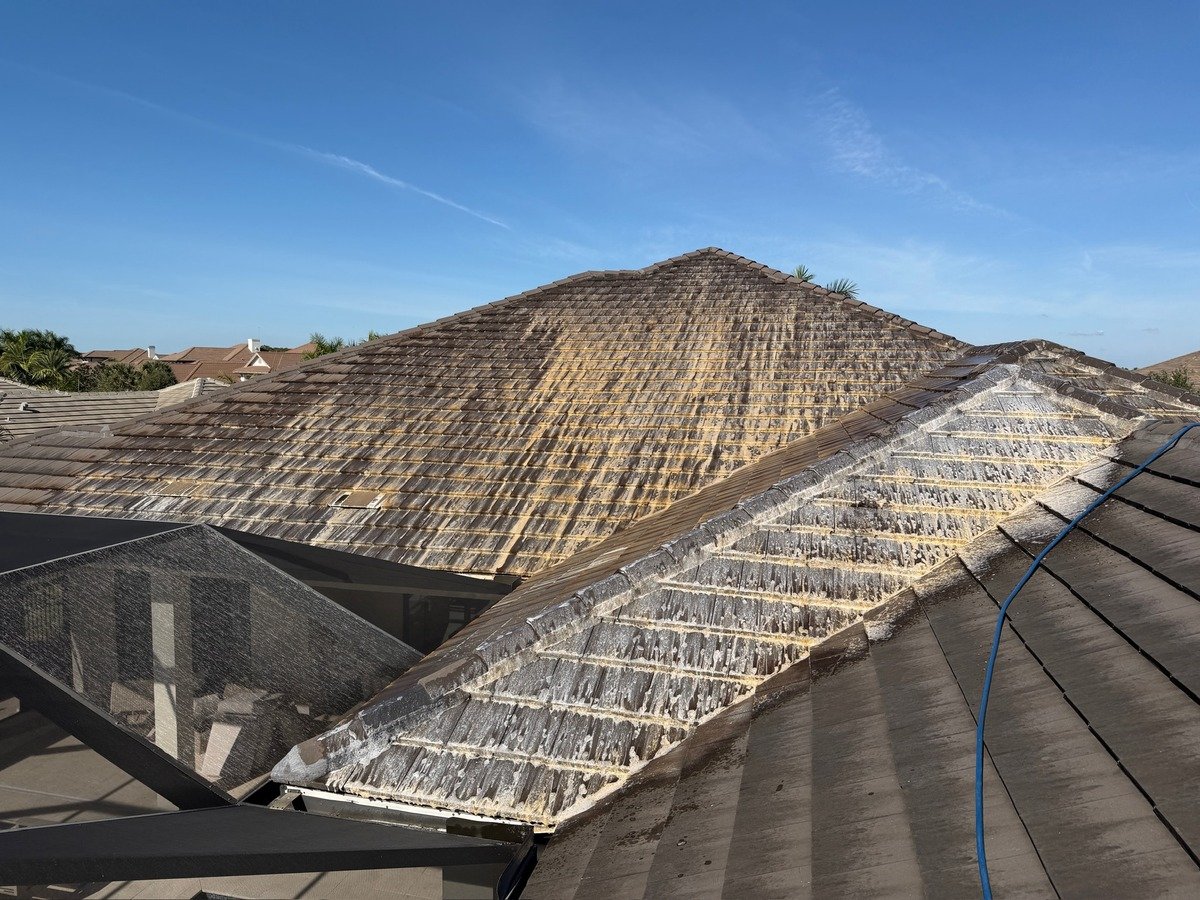 Tile roof in the middle of a bleach-free soft wash, cleaned tile lighter than the stained tile