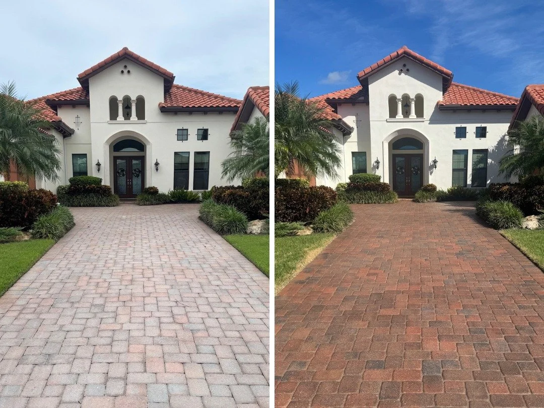 Faded and failed sealant driveway before and after stripping and cleaning, restored to a deep red