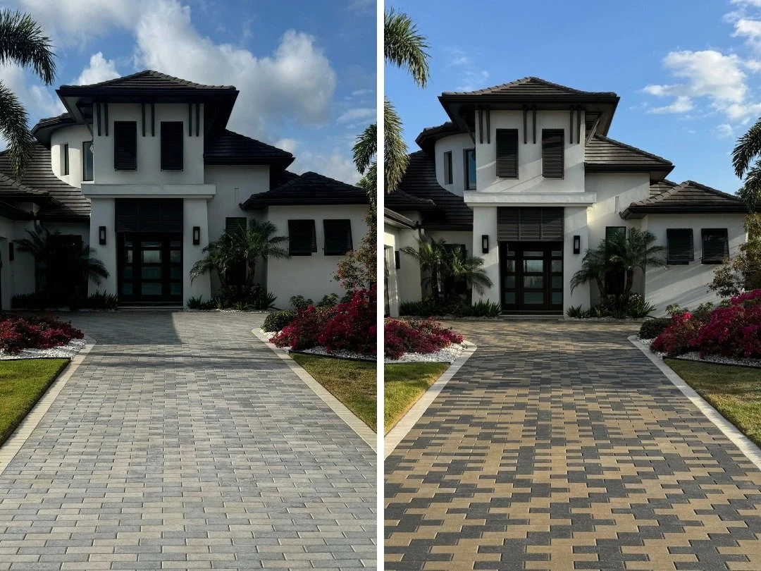 Paver driveway in Lakewood Ranch, FL before and after professional paver restoration, cleaning and sealing