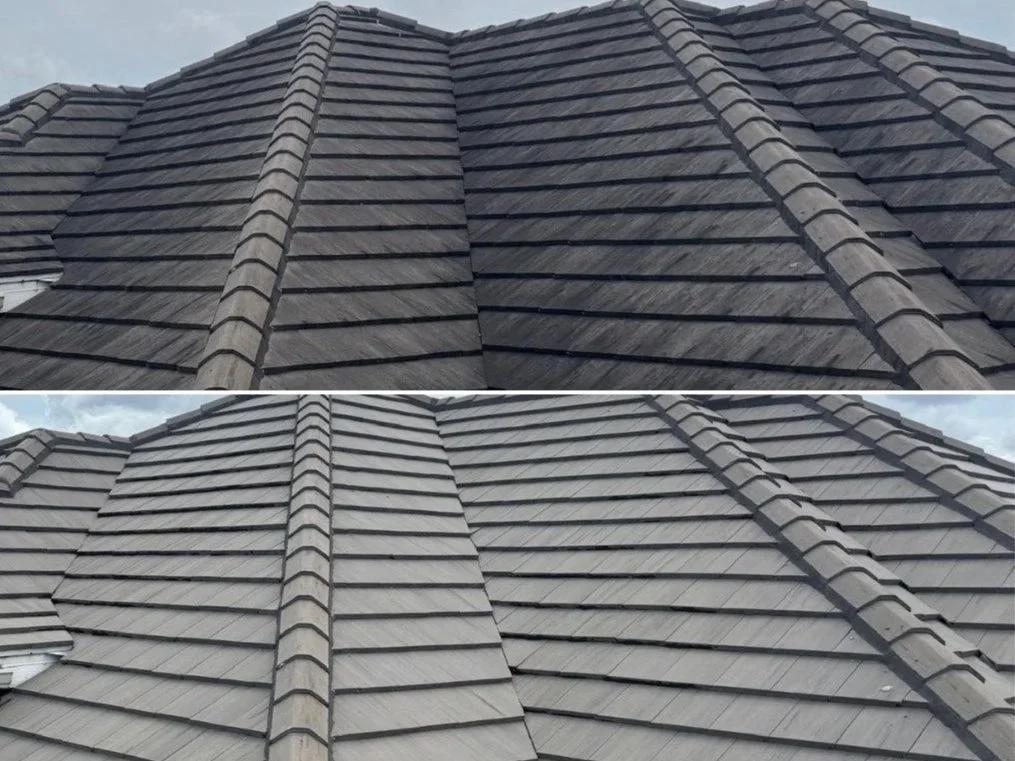 Concrete tile roof in Parrish, FL before and after bleach-free cleaning