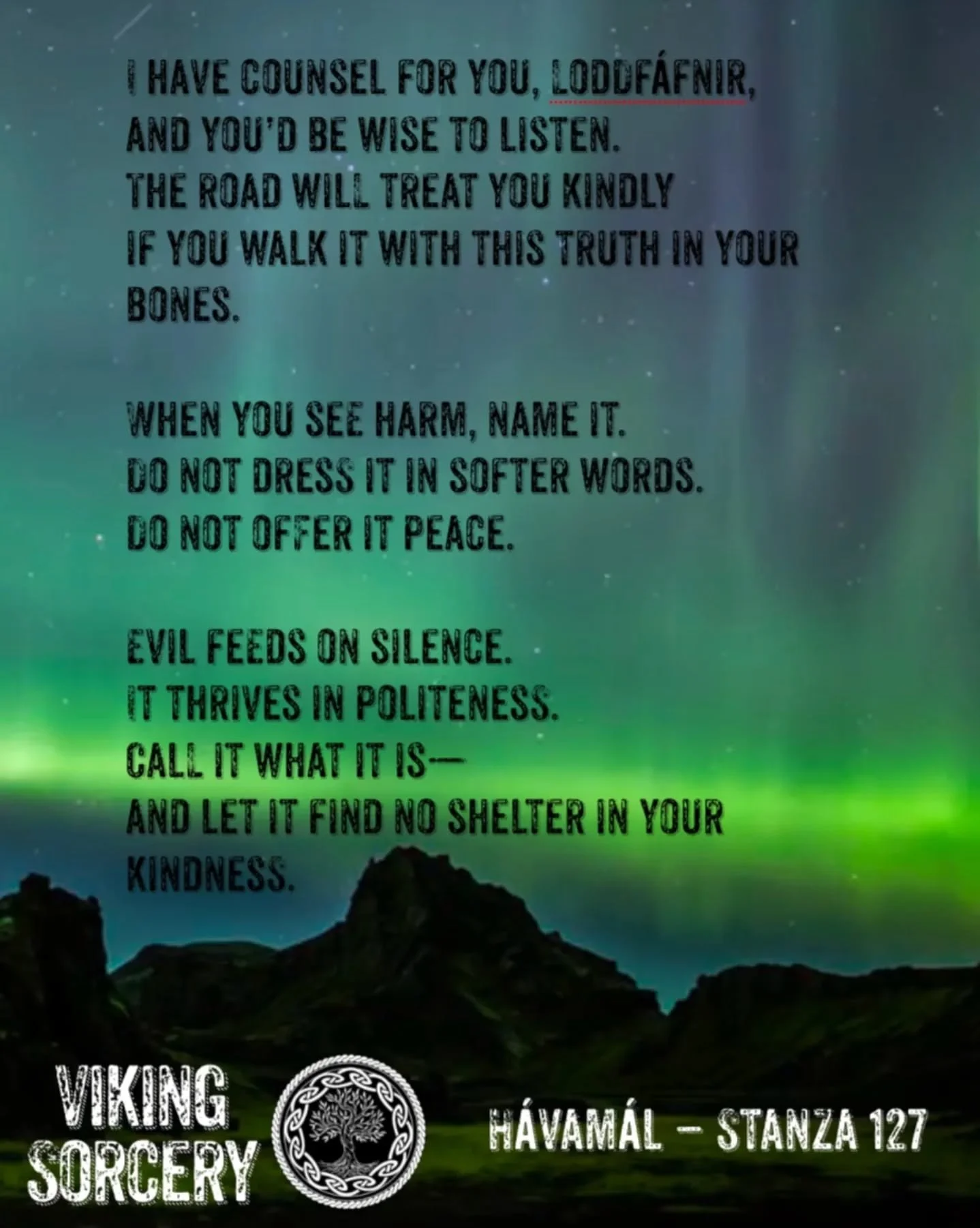 Some verses don&rsquo;t age.
They echo.

In this stanza from the H&aacute;vam&aacute;l, Odin speaks not to gods or kings,
but to Loddf&aacute;fnir&mdash;a mortal, a wanderer, a seeker of wisdom.
Someone like us.
Someone standing at the edge of the un