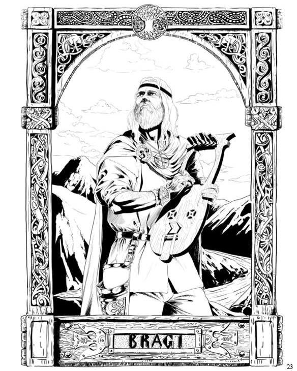 Bragi is the god of poetry, of eloquence, of words carved carefully like runes into the bark of time. He is not the loudest in the hall of the gods, but his voice carries far&mdash;soft and rich, filled with story. 

The son of Odin, and by some acco