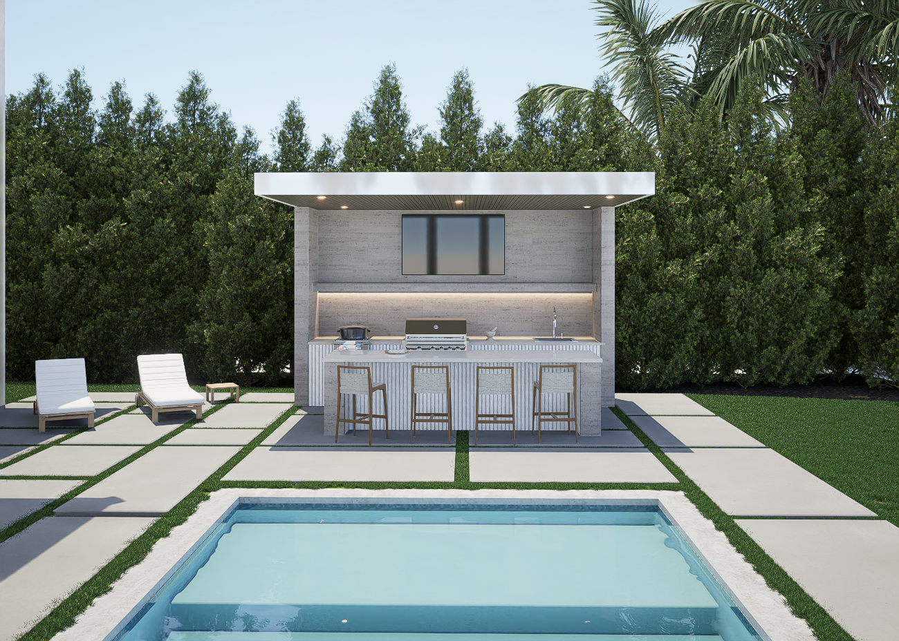 Sleek Modern Outdoor Kitchen: L-Shaped Elegance with Grill, Bar Seating, and Ambient Lighting