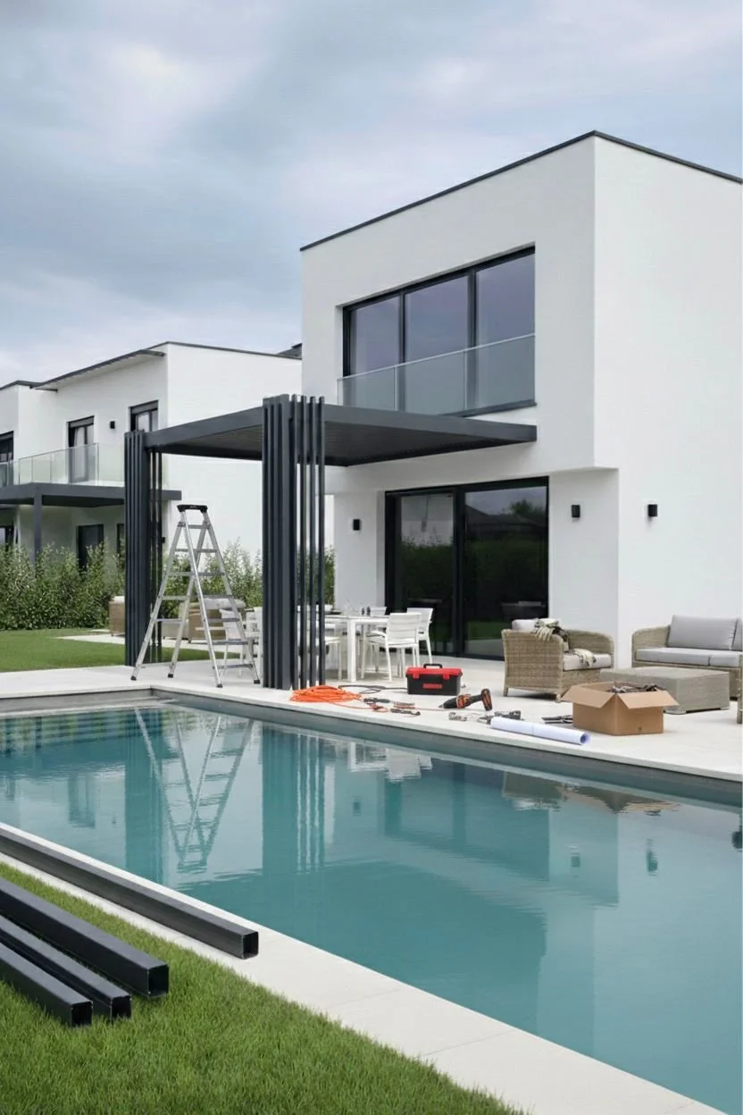 Modern white two-story house with large windows, a pool in the foreground, patio furniture, a ladder, tools, and construction materials around.