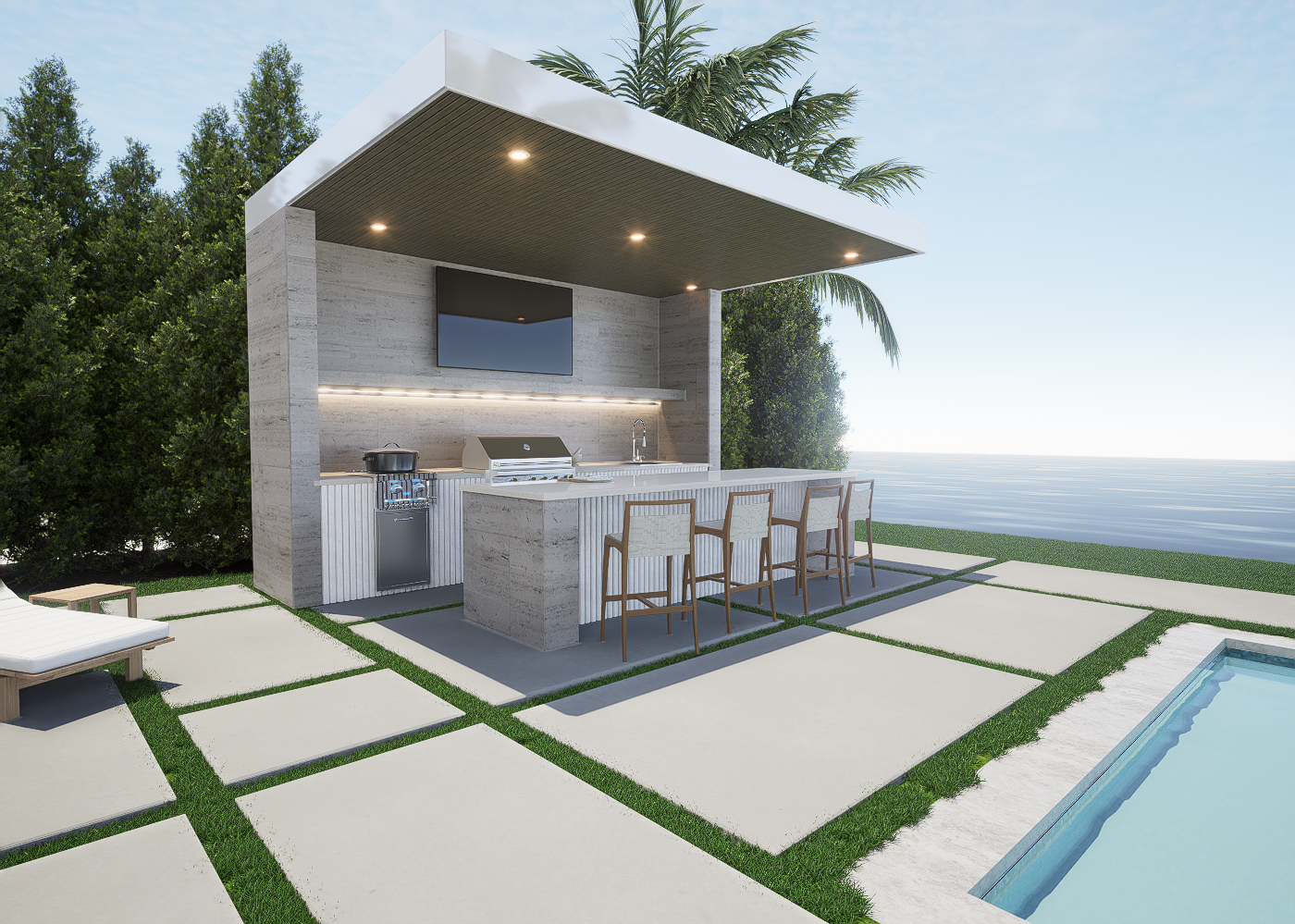 Modern outdoor kitchen with L-shaped counter, built-in grill, sink, bar seating, overhead canopy with recessed lighting, LED backsplash, surrounded by pool and greenery