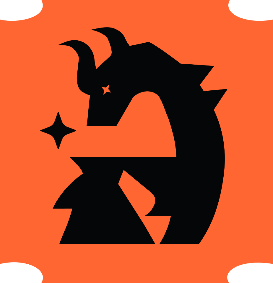 A stylized profile image of a dragon silhouette with two horns, featuring a star near the snout on an emblem shaped shield with an orange background.