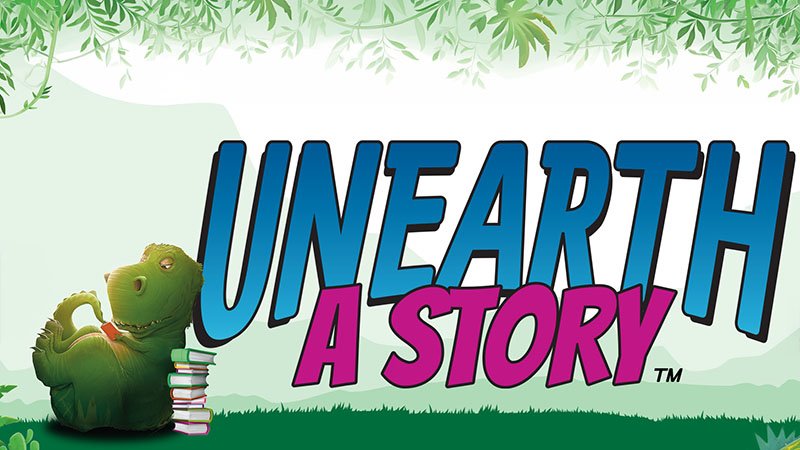 Title card for 'Unearth a Story' featuring a cartoon velociraptor with books, set in a green outdoor scene with trees.