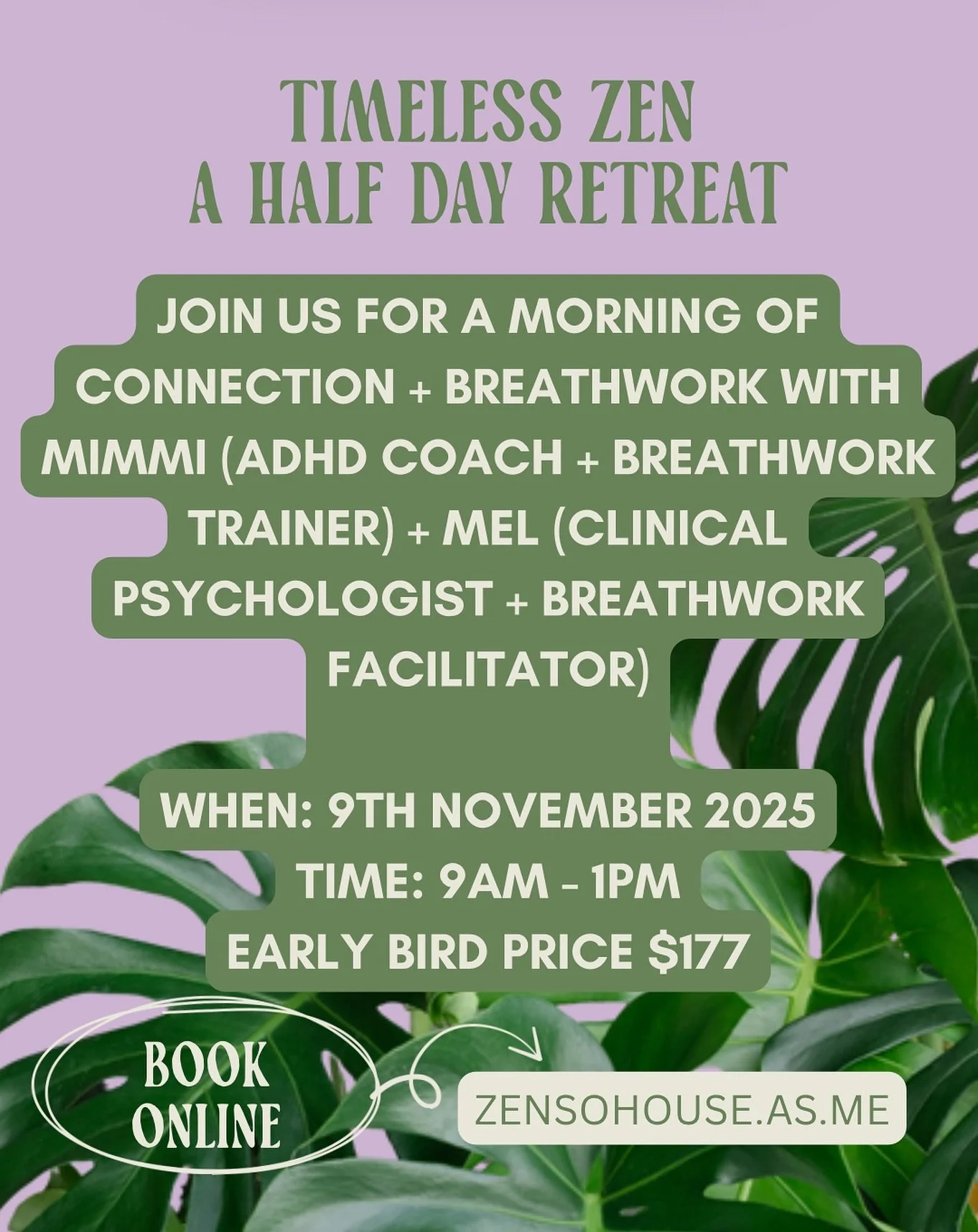Join @timeless.healing.breathwork + @melly.beaton of @zensohouse for a half day retreat full of love, connection &ndash; and of course, Breathwork! 

Sunday November 9th, Melissa and Mimmi will be welcoming you to immerse yourself into a day of heali