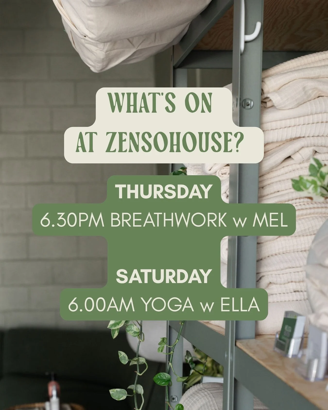 What&rsquo;s on this week @zensohouse?

Join @melly.beaton for breathwork on Thursday at 6.30PM for a 90 minute deep dive into your body, retraining the mind-body to work as a team!

And on Saturday at 6.00AM, the incredible @ella_adamss  will be lea