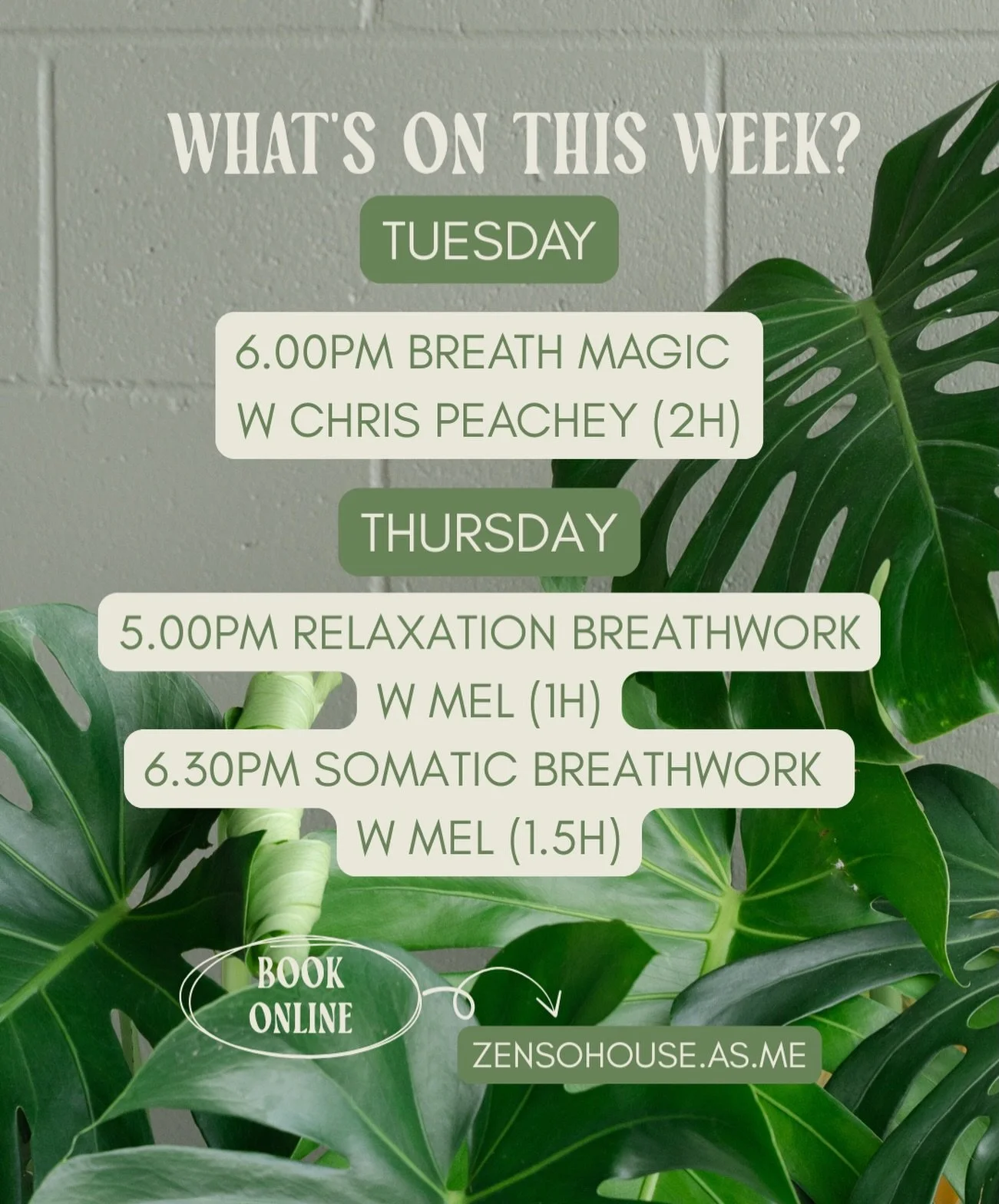 What&rsquo;s on this week @zensohouse 

Join @chrispeachey on Tuesday at 6.00pm for his 2h introductory class in BreathMagic
Or @melissabeaton.psychologist on Thursday at 5.00pm for a 1h relaxation breathwork class or at 6.30pm for a deep, rich guide