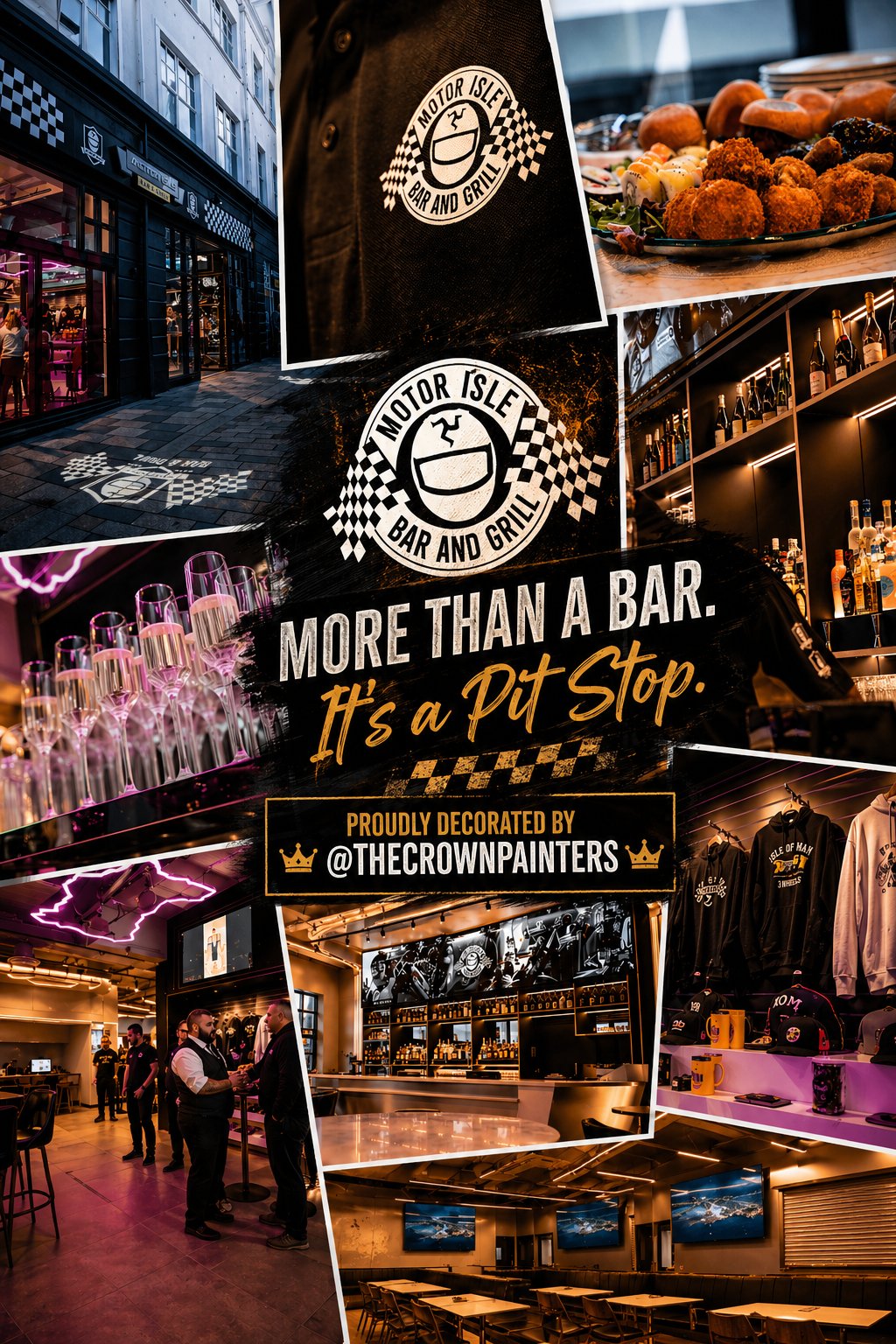 Colage of images of Motor Isle Bar and Grill, showing the exterior building, interior bar area with bottles on shelves, food platter with appetizers, glasses of champagne, staff interacting, and seating area with TVs and tables. The overlay text stat