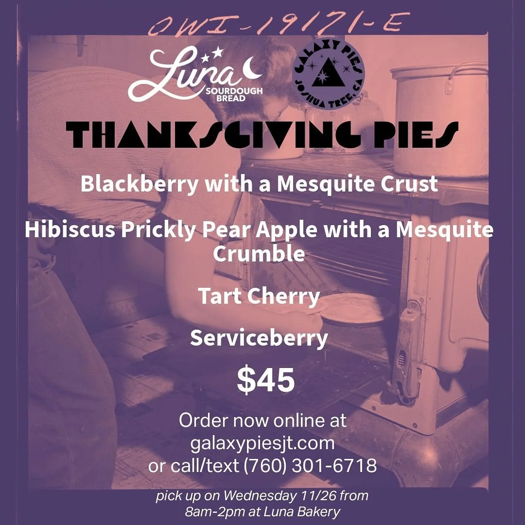 You can now order for Thanksgiving! Pick ups will be with our friends at Luna Sourdough again on Wednesday 11/26 from 8am-2pm. Find us posted up in the corner like last year. This year&rsquo;s flavors are Blackberry Mesquite, Hibiscus Prickly Pear Ap