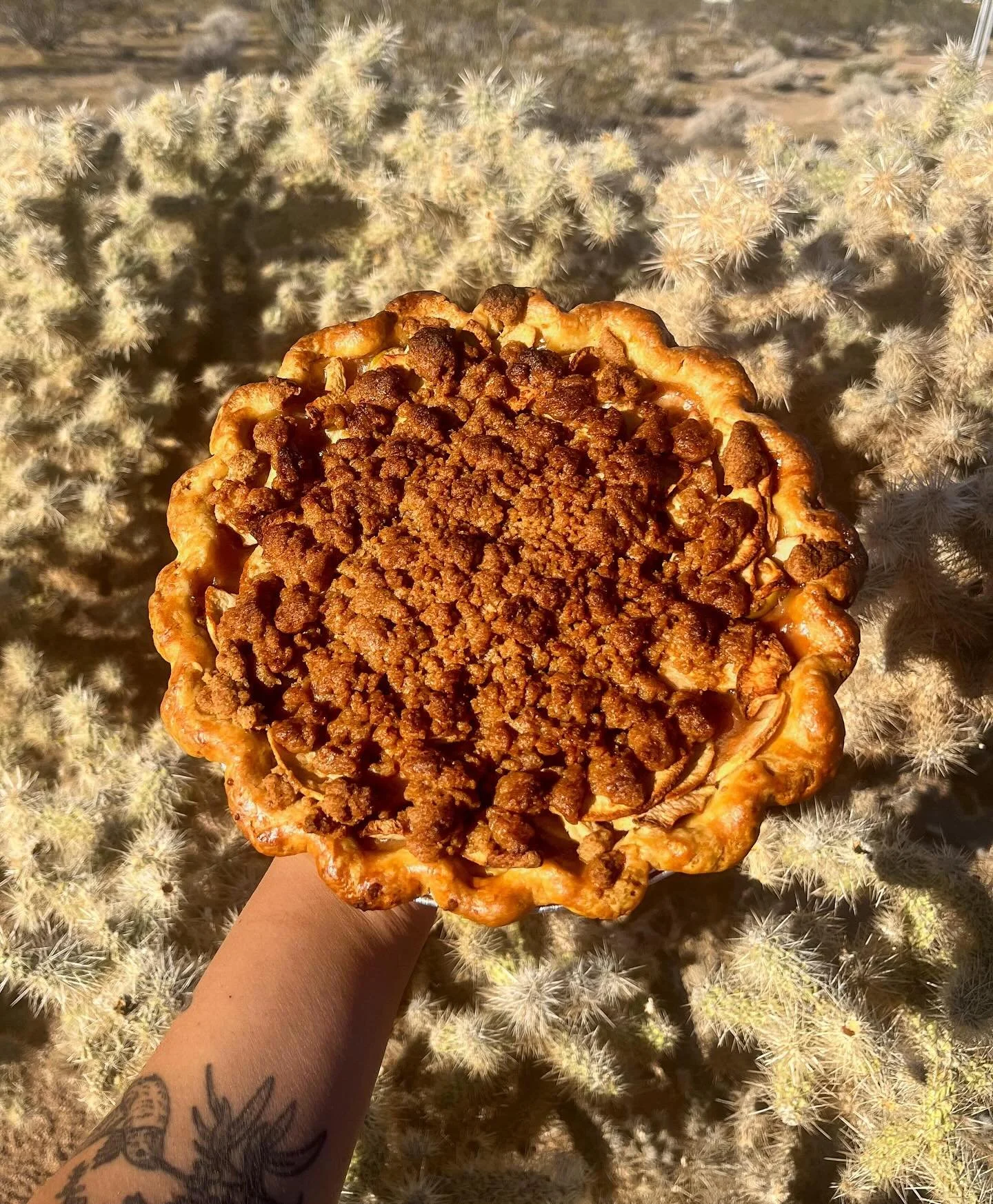 This week&rsquo;s @the.tiny.pony pie. 

Hibiscus Prickly Pear Apple with a Mesquite Crumble. 

The hibiscus gets poached in a piloncillo syrup with warming spices, then gets blended with @brushfirefarms Prickly Pear Simple Syrup. All of that gets pou