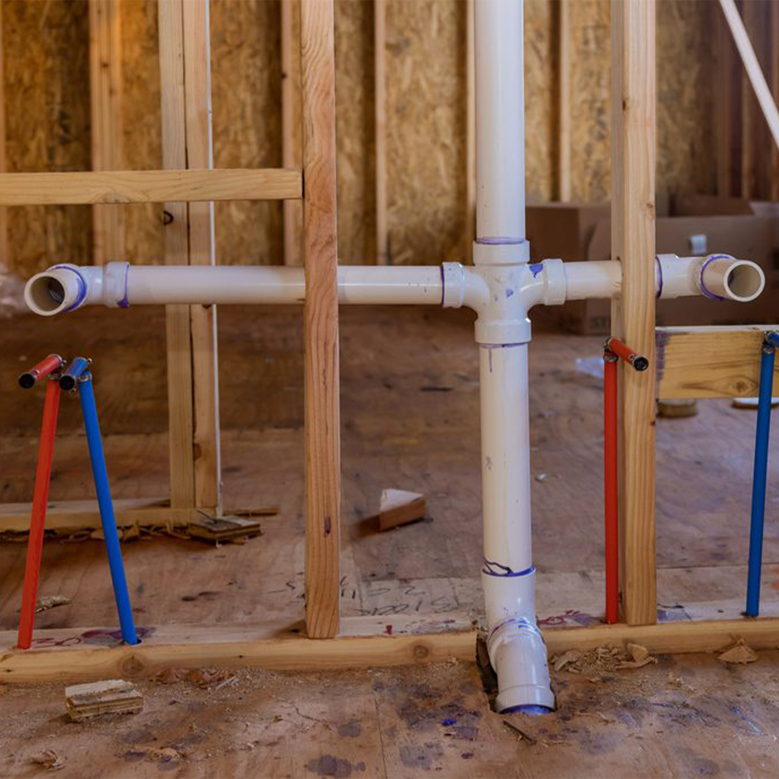 Plumbing pipes in a wooden frame structure of a house under construction.