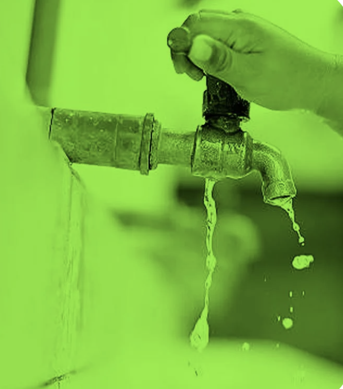 Green outline icon of a water faucet with a droplet