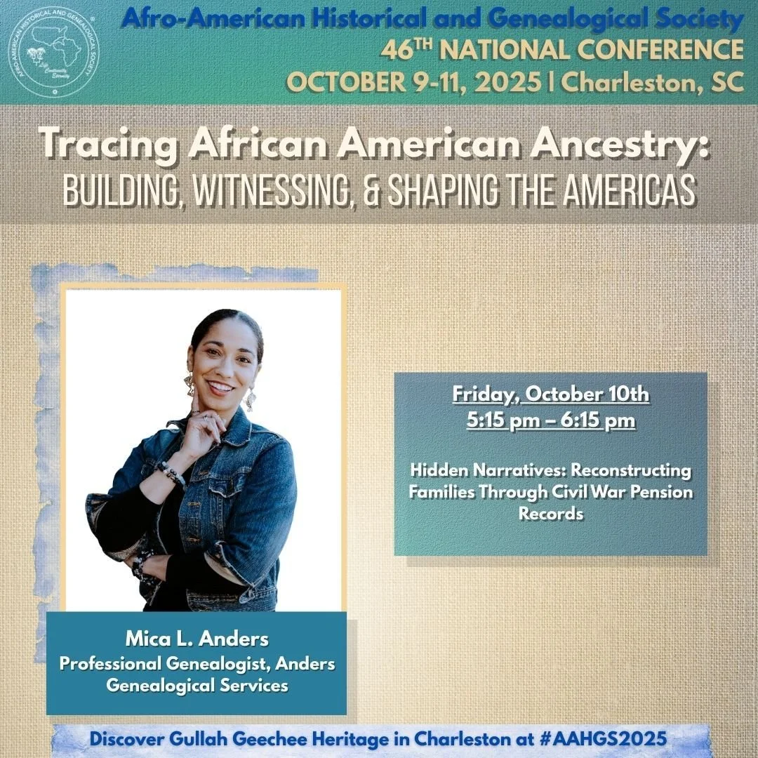 If you are attending the 46th Annual Afro-American Historical and Genealogical Conference in South Carolina this year - Please stop by and say Hi!

----
Mica L. Anders is a professional genealogist with nearly 20 years of experience specializing in A