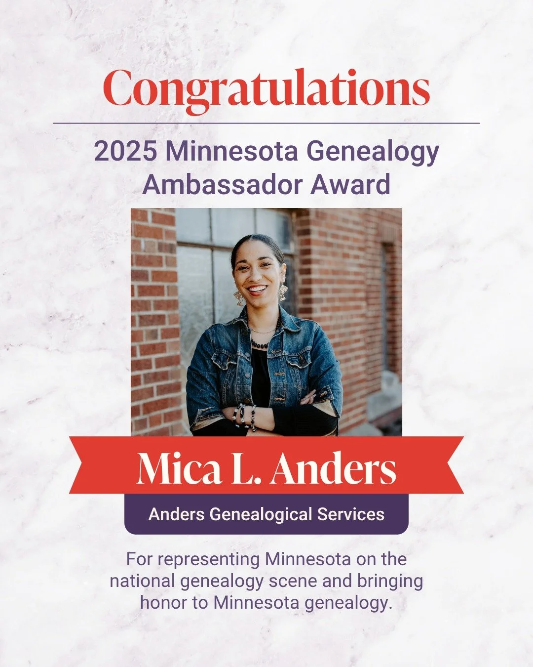 Honored to have received the 2025 Minnesota Genealogy Ambassador Award at the North Star Genealogy Conference. 

This award recognizes work representing Minnesota's genealogy community on the national stage, something I'm really passionate about. Eve