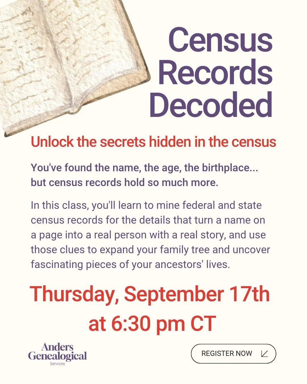 We have some great upcoming classes and workshops for you in September and October!

Census Records Decoded: Unlock the secrets hidden in the census on Thursday, September 17th at 6:30pm CST

Genealogy 101: Getting started uncovering your family's un