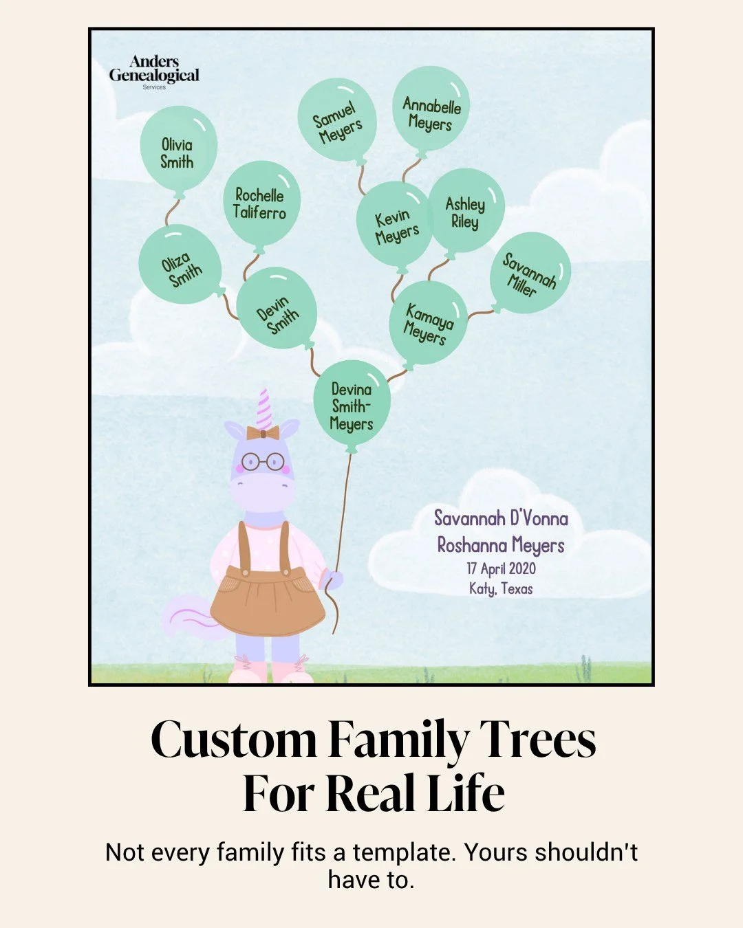 No two families are exactly alike.

Whether your story includes blended families, adoption, single parents, multiple branches, or unique family relationships, we create custom family trees that reflect your family as it truly is.