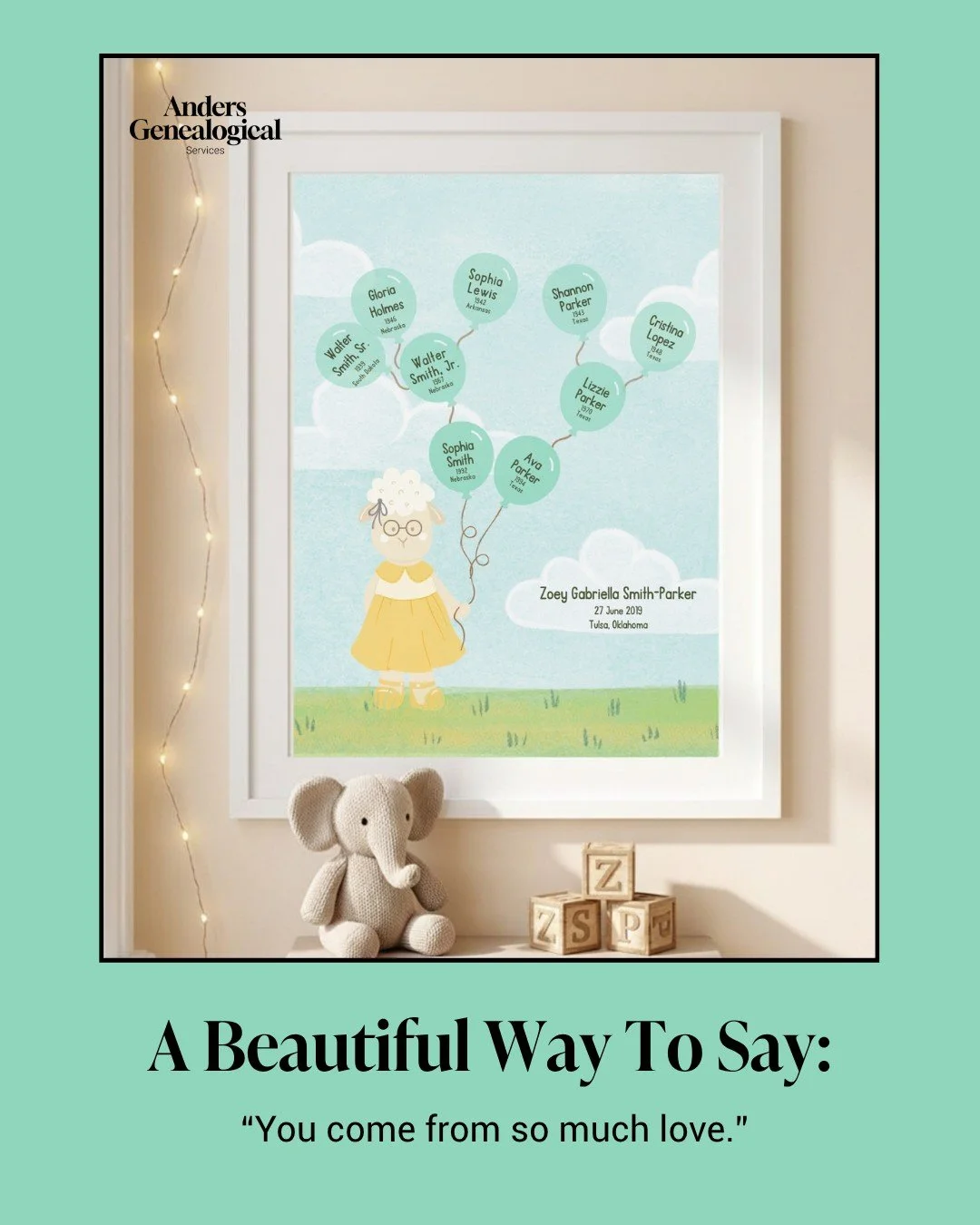 One of the greatest gifts we can give the next generation is a sense of belonging.

A custom family tree helps children see the people and connections that came before them and understand that they're part of something much bigger than themselves.

L