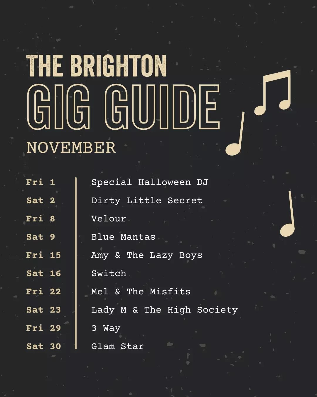 Take a look at what's coming up at The Brighton for November 👀

Some great crew coming through, pencil them in!