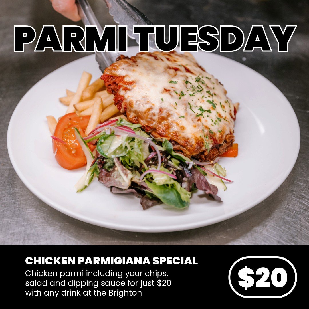 Tomorrow is Parmi Tuesday at The Brighton! Enjoy our delicious Chicken Parmigiana, served with crispy chips, a fresh garden salad, and dipping sauce &ndash; all for just $20 with any drink purchase. It&rsquo;s the perfect midweek treat to share with 