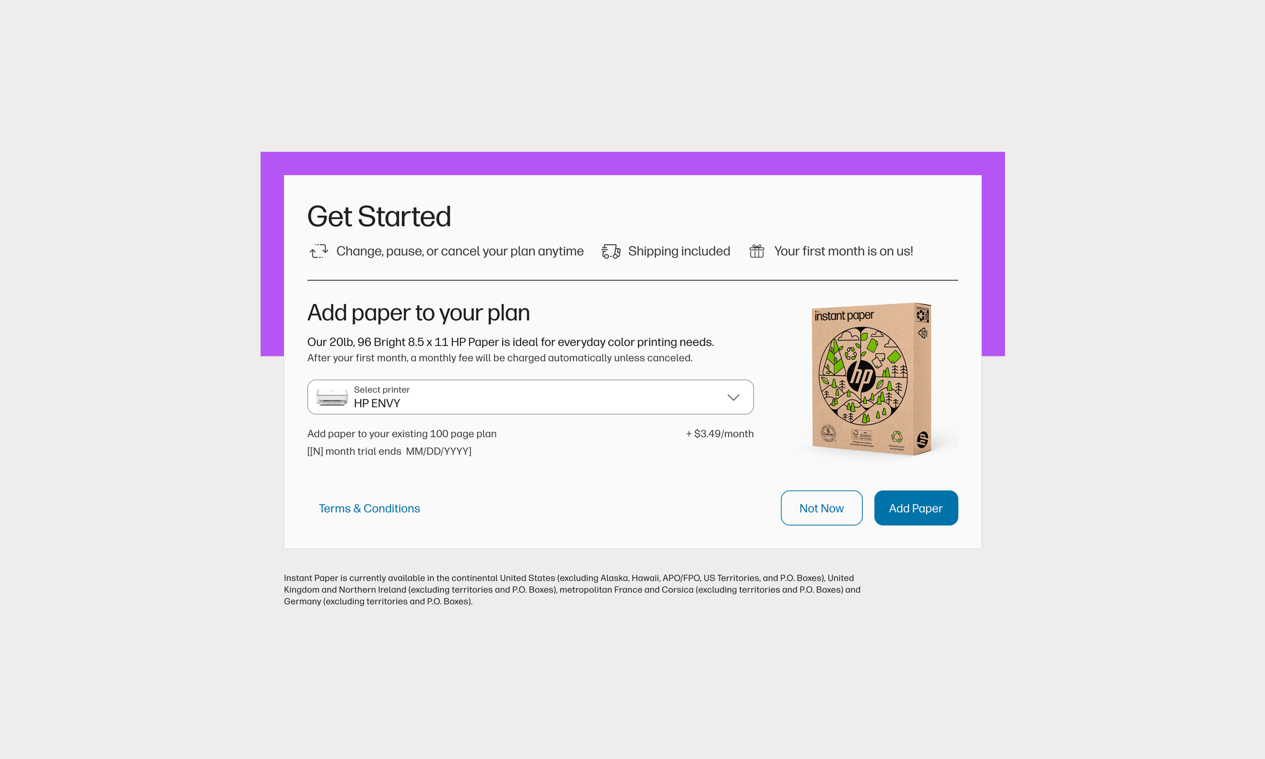 Sample of the Paper Add-On feature displayed on the Instant Ink Paper landing page in the Portal