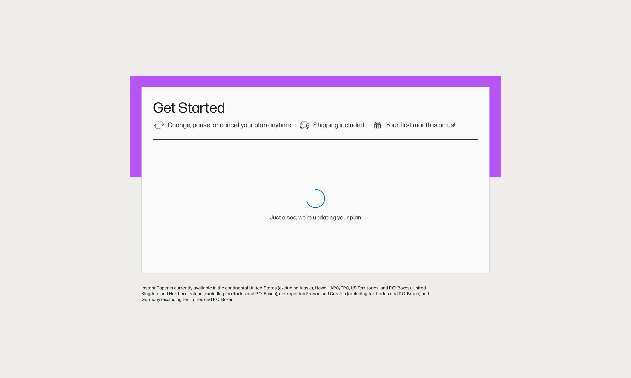 Sample of the Paper Add-On loading screen displayed on the Instant Ink Paper landing page in the Portal