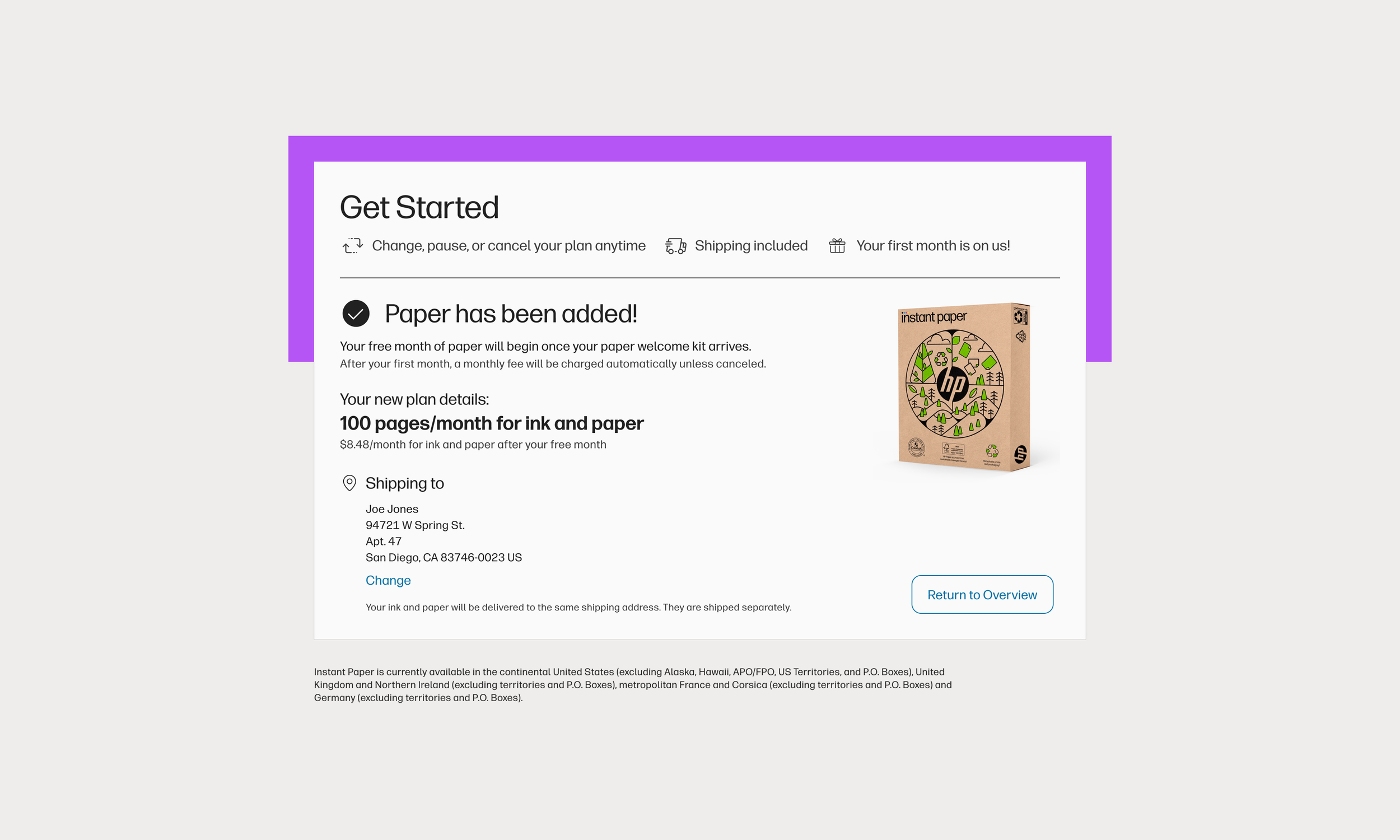 Sample of the Paper Add-On success state on the Instant Ink Paper landing page in the Portal 