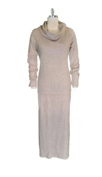 Elegance in Taupe: Ribbed Knit Cowl Neck Maxi Set