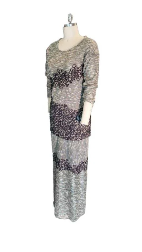Elegant Gray Knit Maxi Set with Black Lace