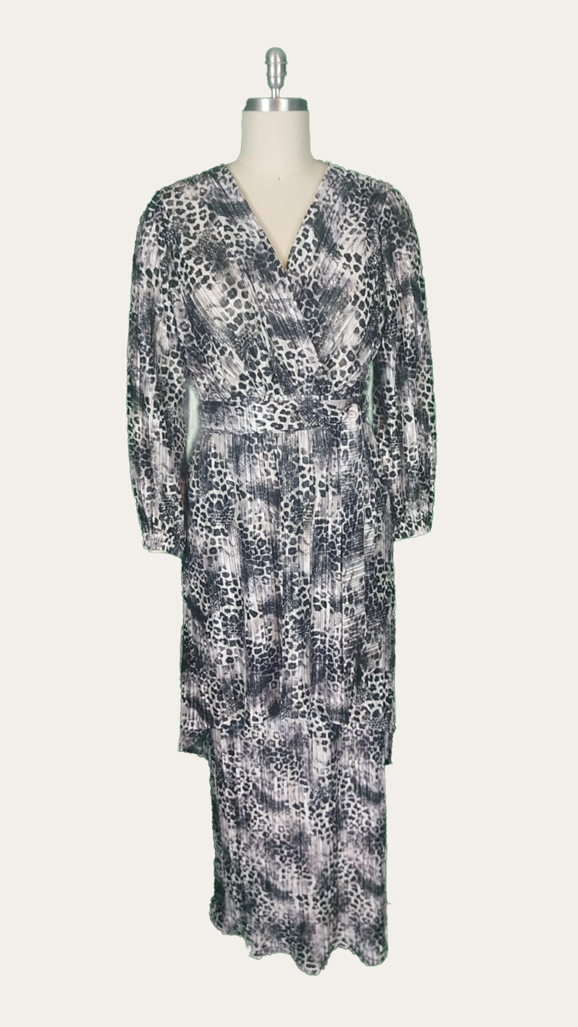 Charcoal Animal‑Pleat Wrap 2-piece Maxi set