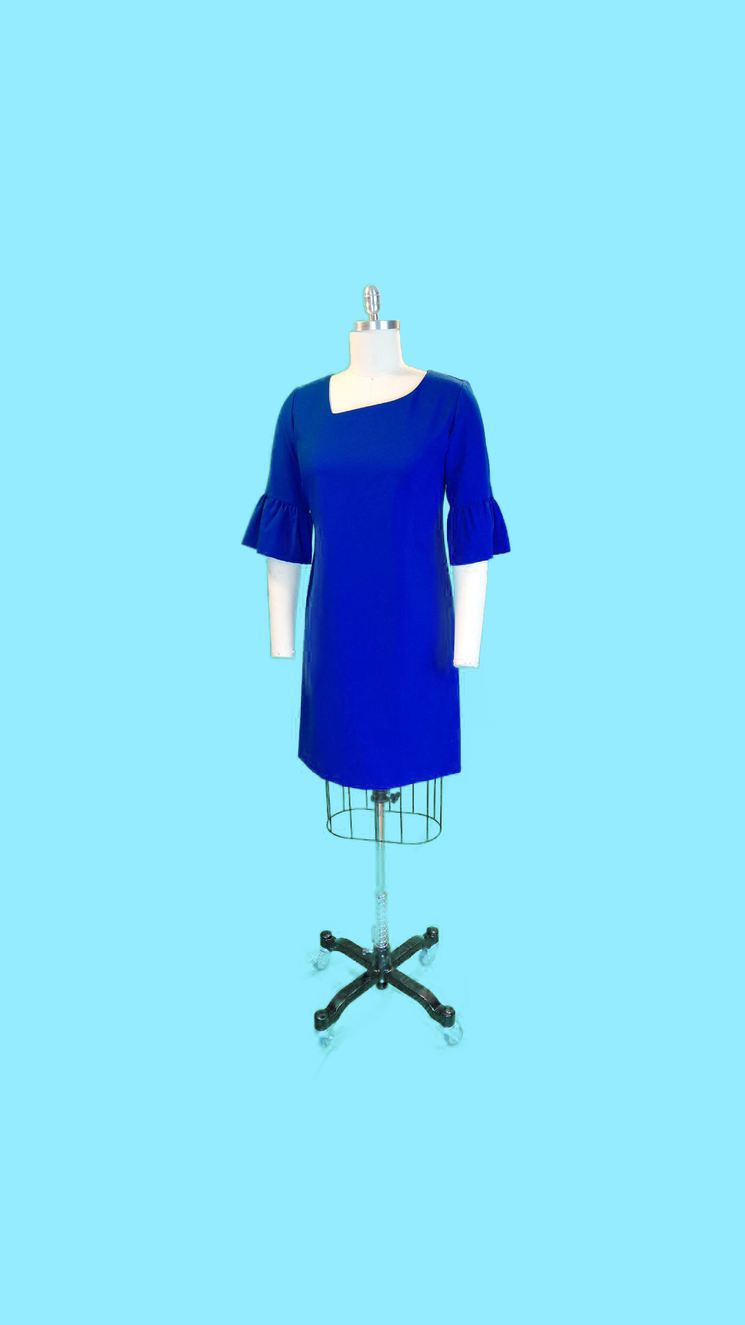 Cobalt Asymmetric-Neck Shift Dress (Bell Sleeves)