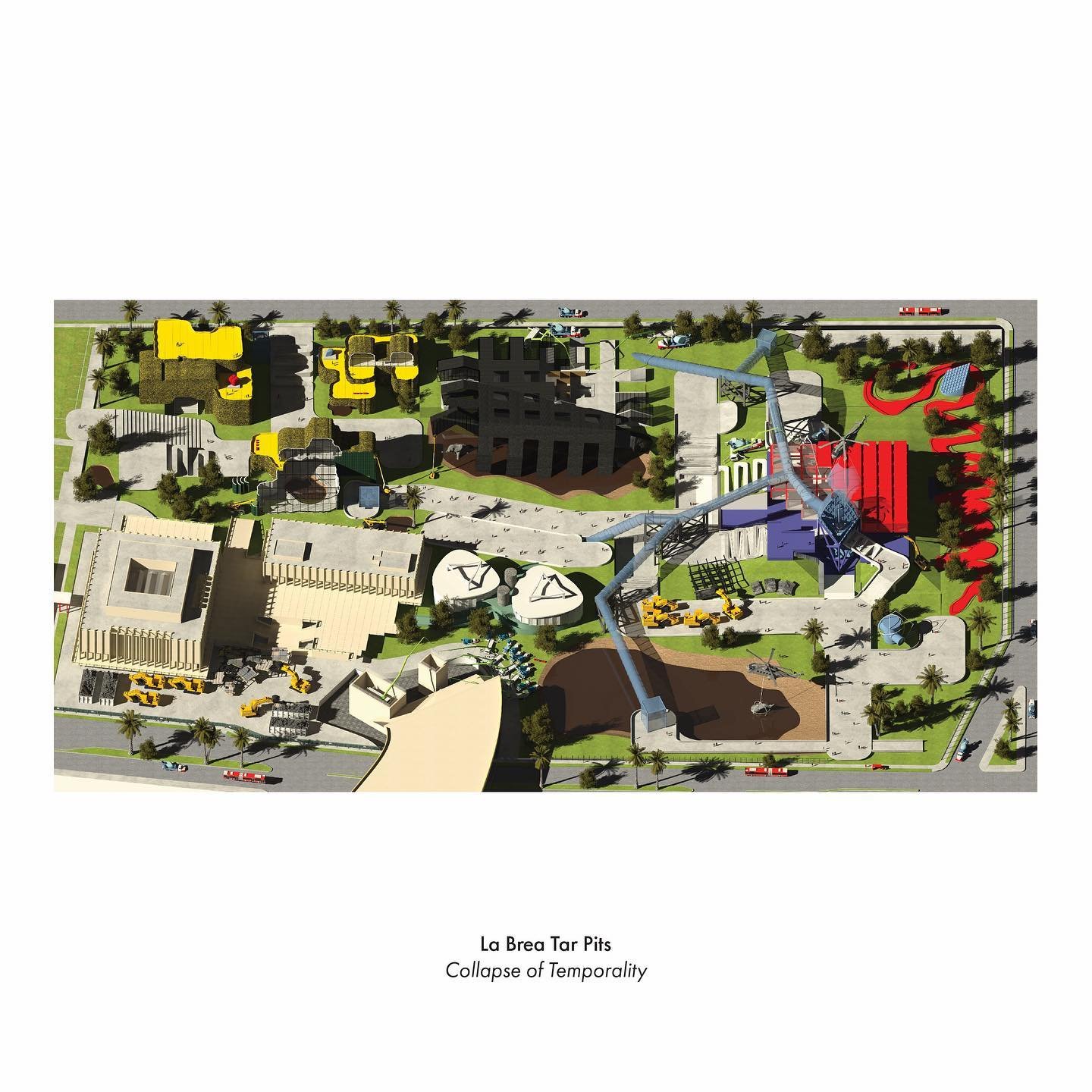 This proposal for the La Brea Tar Pits is a natural history museum and park in Los Angeles. Its architecture and systems of production aspire to the status of a spectacle, offering themselves as demonstrative performances. They become represented thr