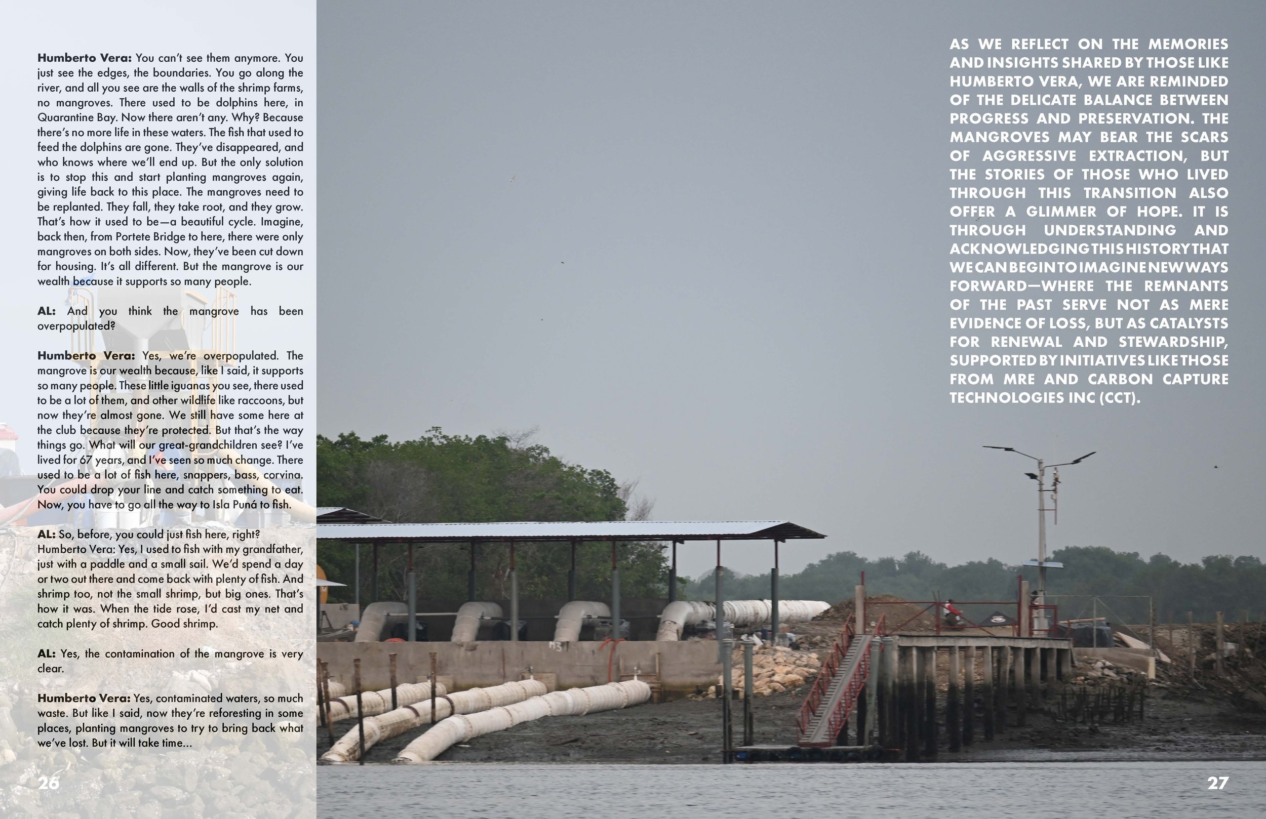 Text discusses mangrove deforestation and environmental impact with an image of an industrial site by the water, featuring pipes and a metal structure, with mangrove trees in the background.