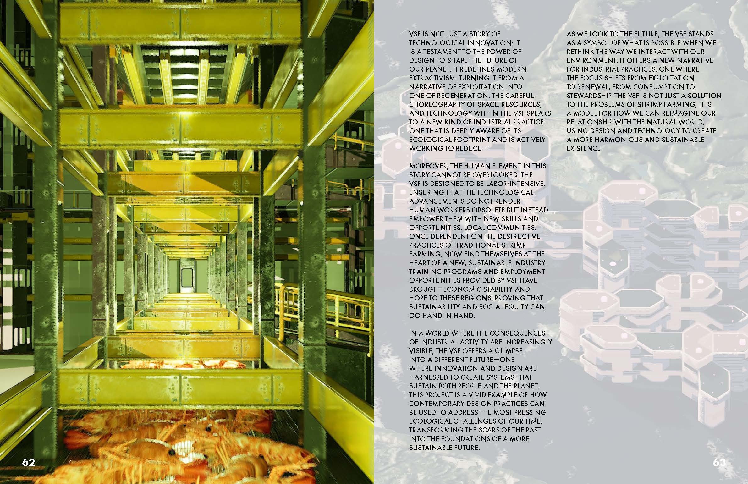 Industrial structure with metal beams and machinery, accompanied by text discussing sustainable shrimp farming and technological innovation.