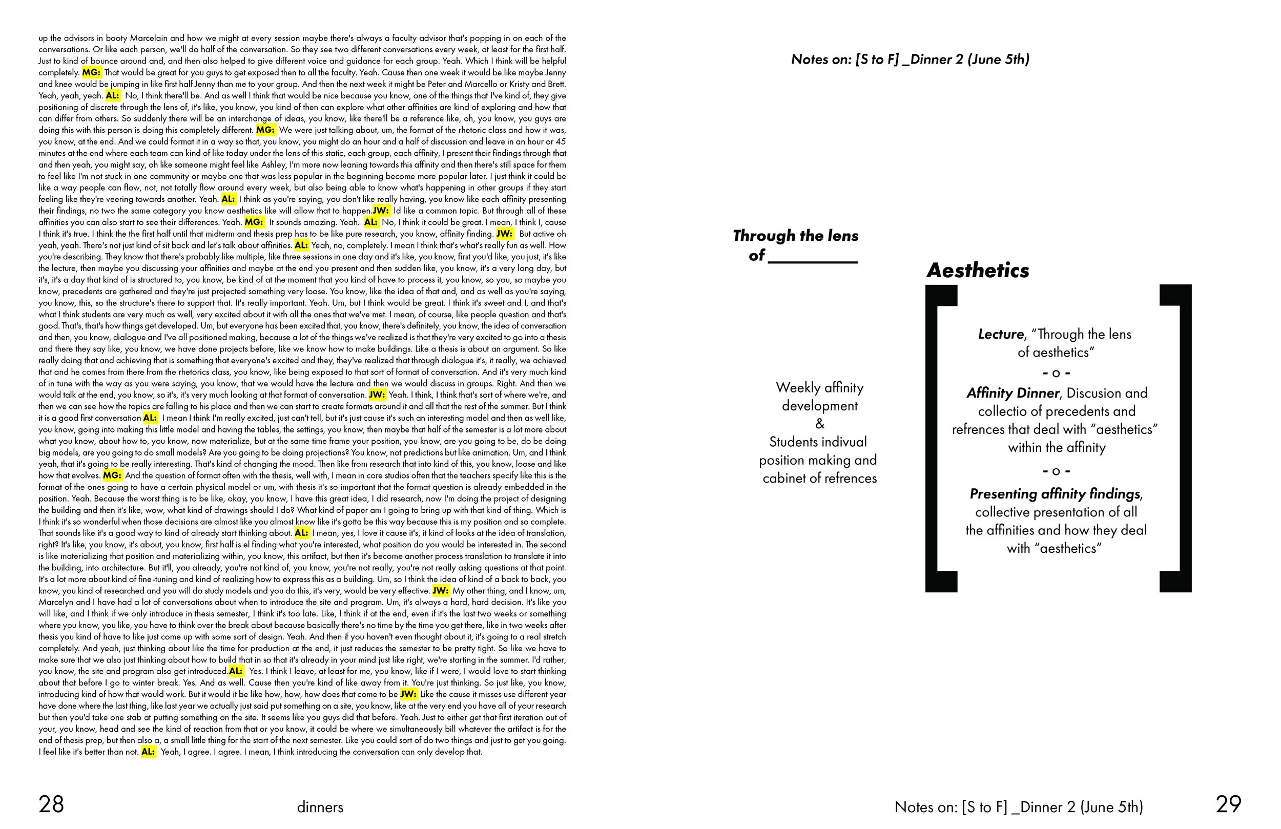 A two-page spread from a book titled "Notes on: [S to F] _Dinner 2 (June 5th)". The left page contains dense text with highlighted points, while the right page features sections titled "Through the lens of _______" and "Aesthetics". The aesthetics se