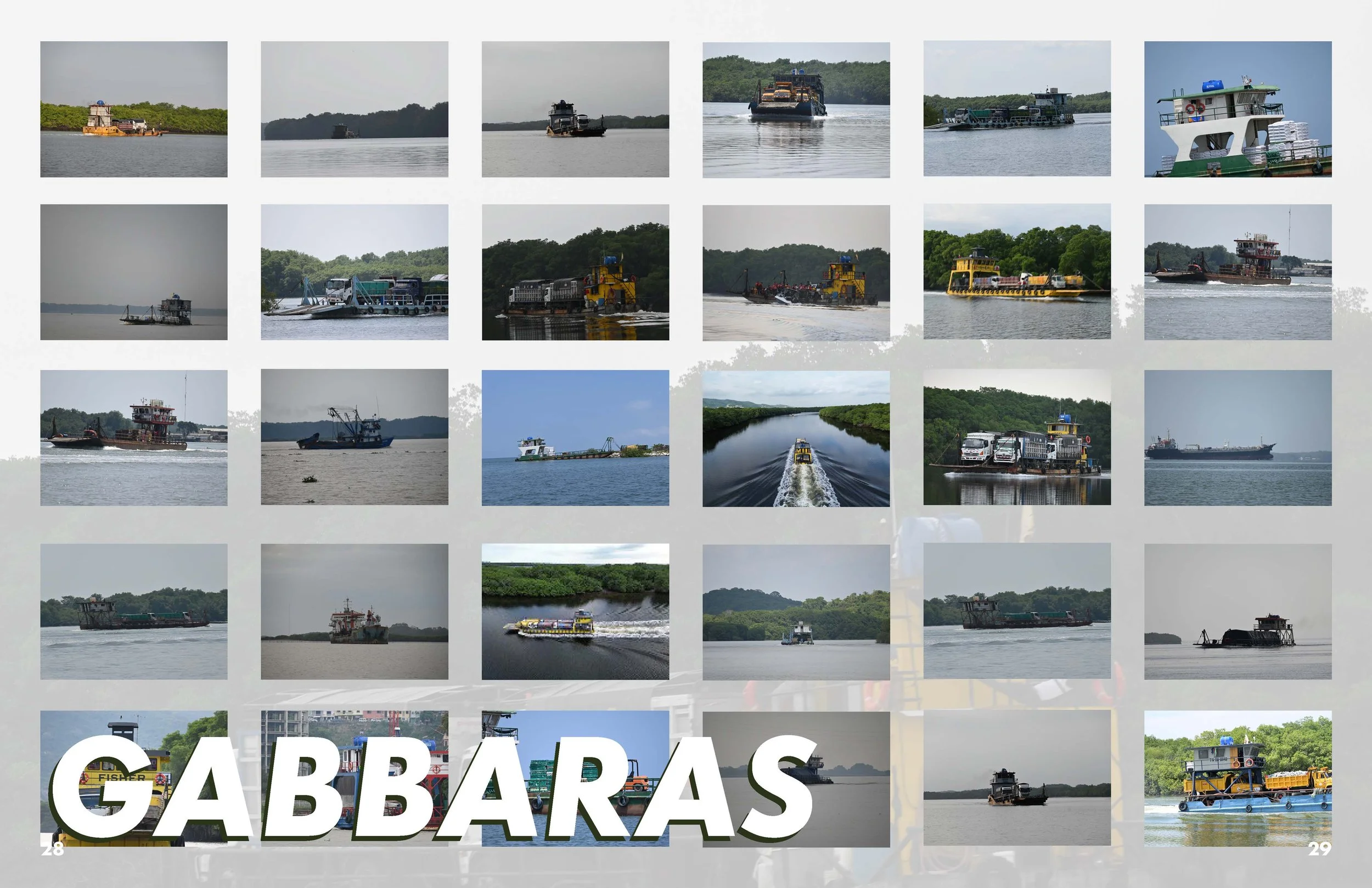 Collage of multiple images showing various barges in water settings, labeled 'GABBARAS'.
