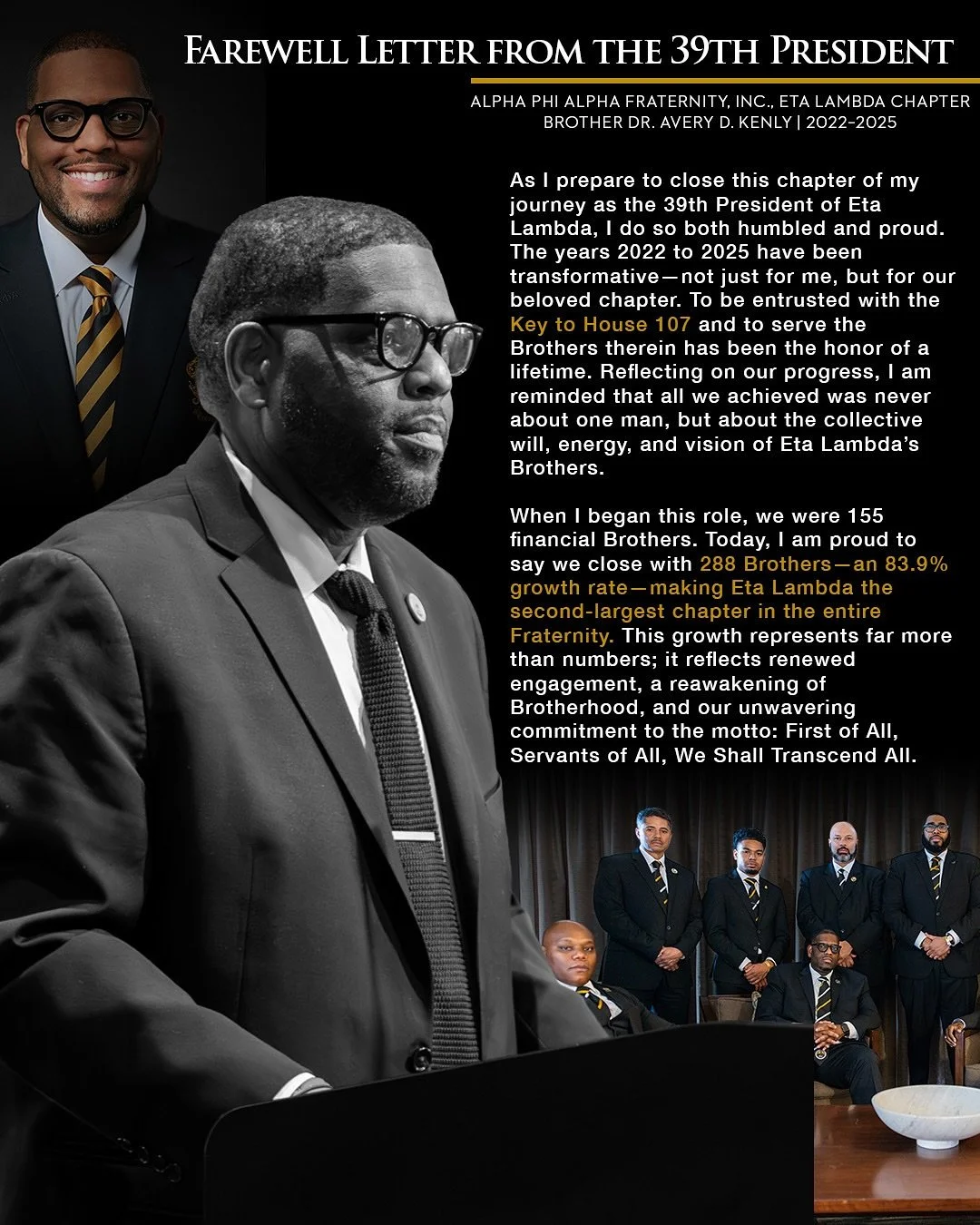 🙏🏾From start to finish &mdash; proud to have served, grateful to have led. 🕊️ 

➡️ Swipe to view the farewell letter from Bro. Dr. Avery Kenly, 39th President of the Eta Lambda Chapter!

👨🏾&zwj;💻 @eddisonsmithiii 

#AlphaPhiAlpha #EtaLambda #At