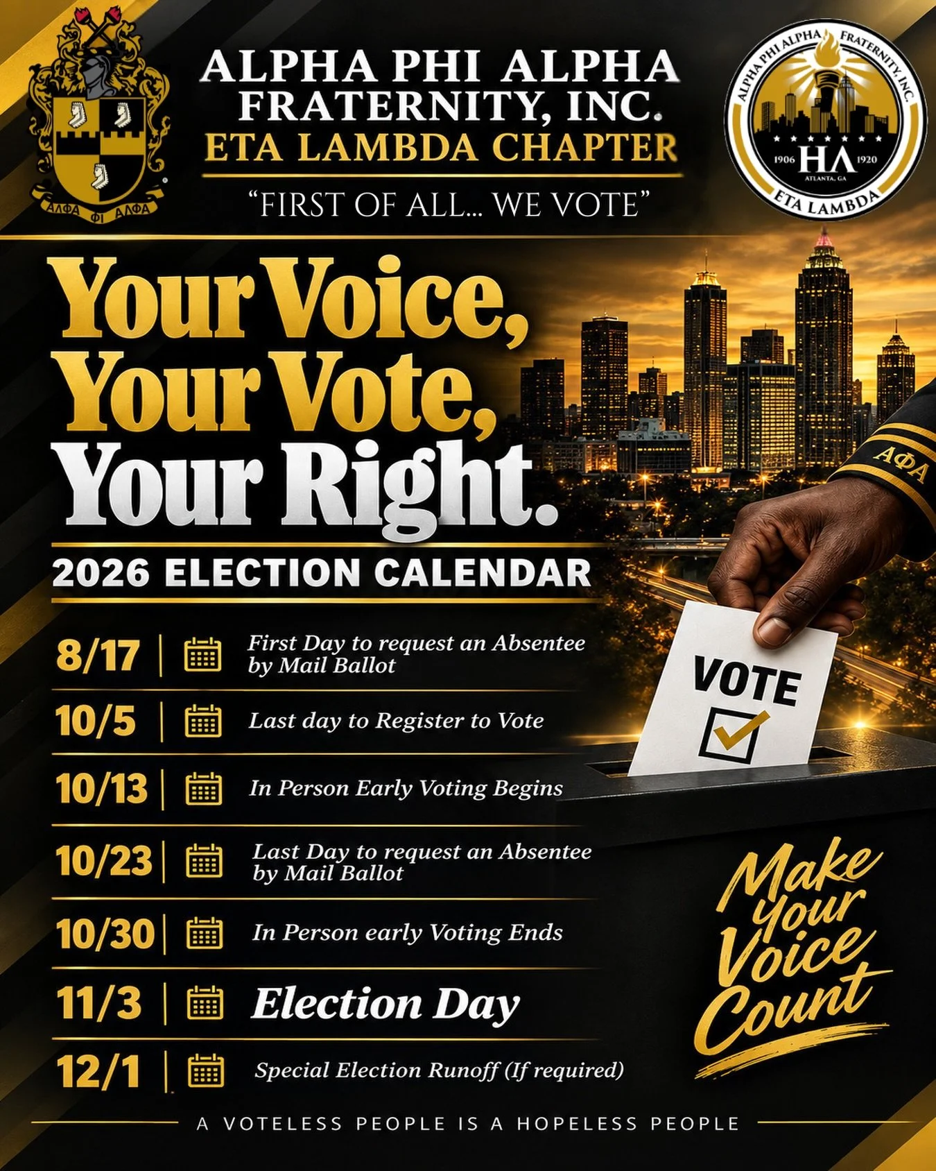 As we approach the 2026 General Election, we encourage our community to stay informed, verify your voter registration, and know the key dates for casting your ballot.

📅 August 17 &mdash;  Was the First Day to Request your Absentee  by Mail Ballot
?