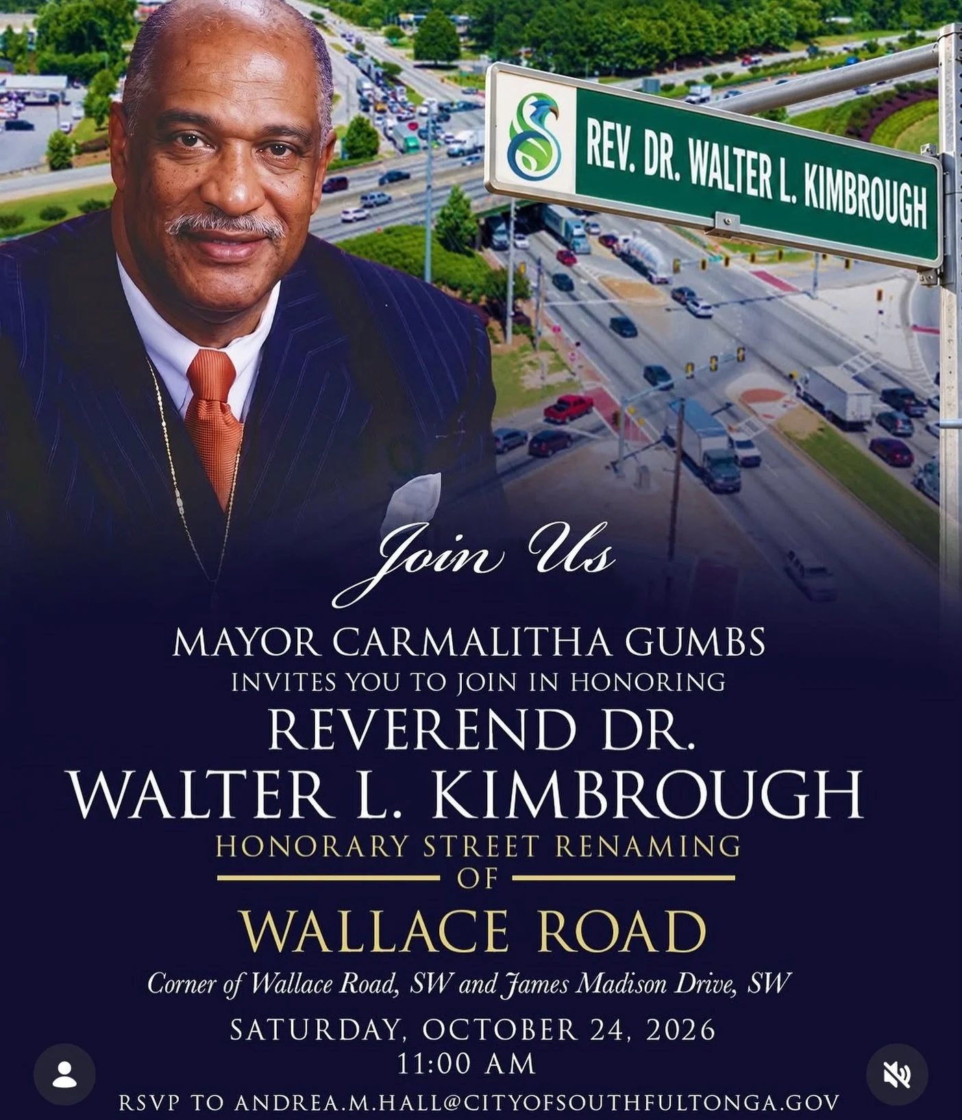 BROTHERS, LET&rsquo;S SHOW UP AND SHOW OUT! 

Brothers are encouraged to come out and support the honorary street renaming ceremony honoring Reverend Dr. Walter L. Kimbrough!

Join Mayor Carmalitha Gumbs and the City of South Fulton as we celebrate t