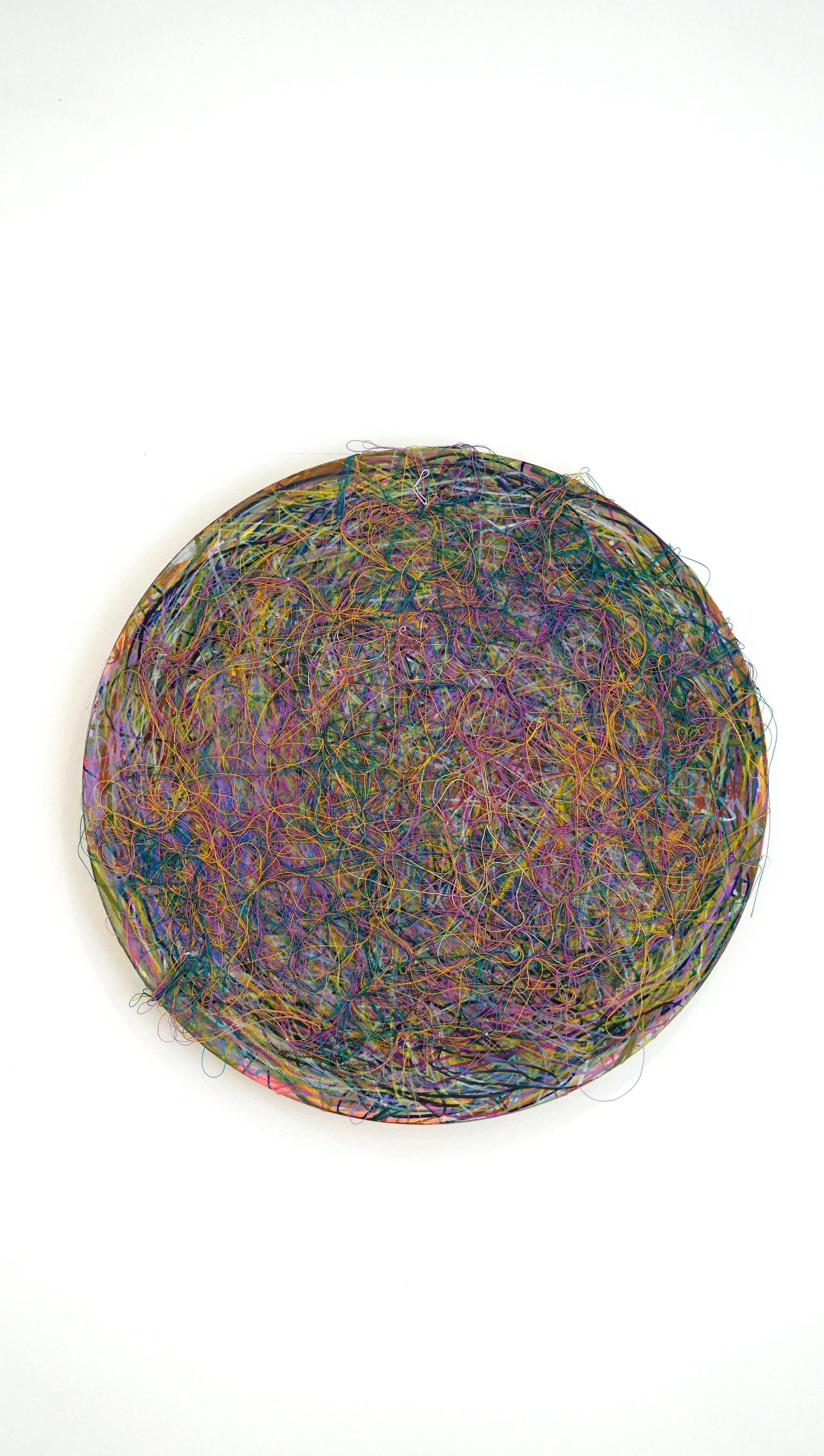 A dreamy embrace, 2026, mixed media on round canvas, Ø 30cm