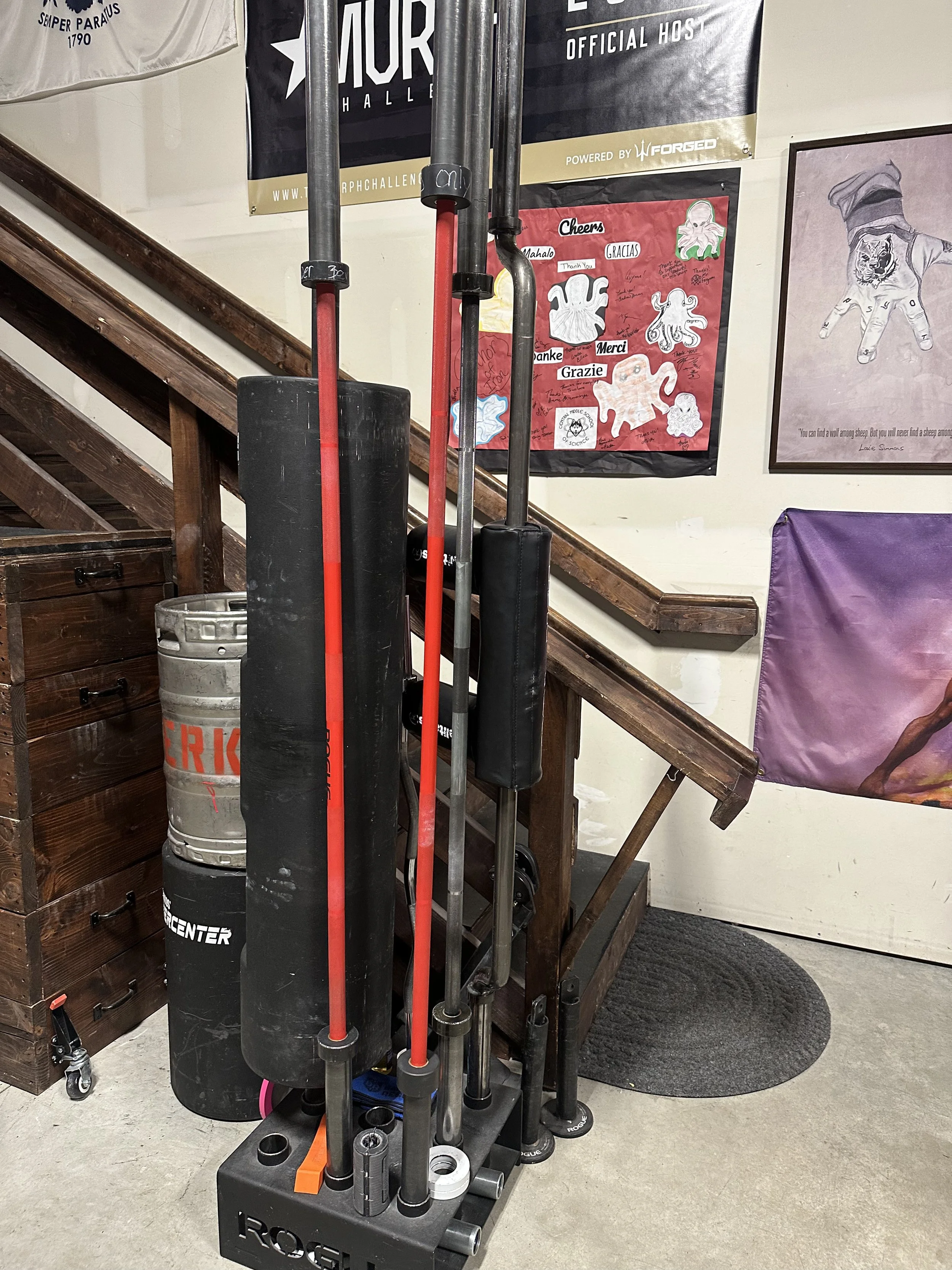 A stand with various fitness weights and Olympic bars located in a gym or fitness center, with posters and banners on the walls in the background.