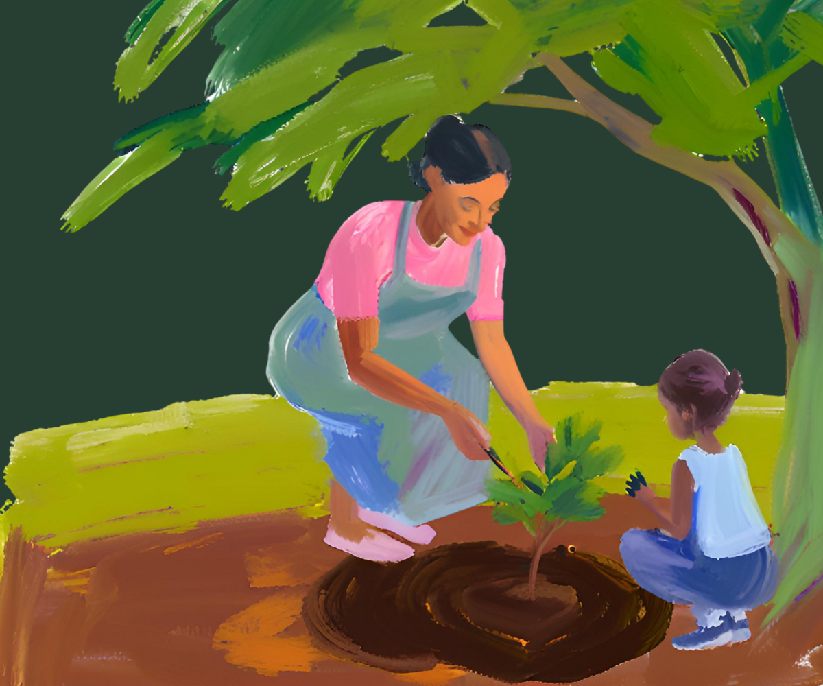 Illustration of a woman and child planting a tree