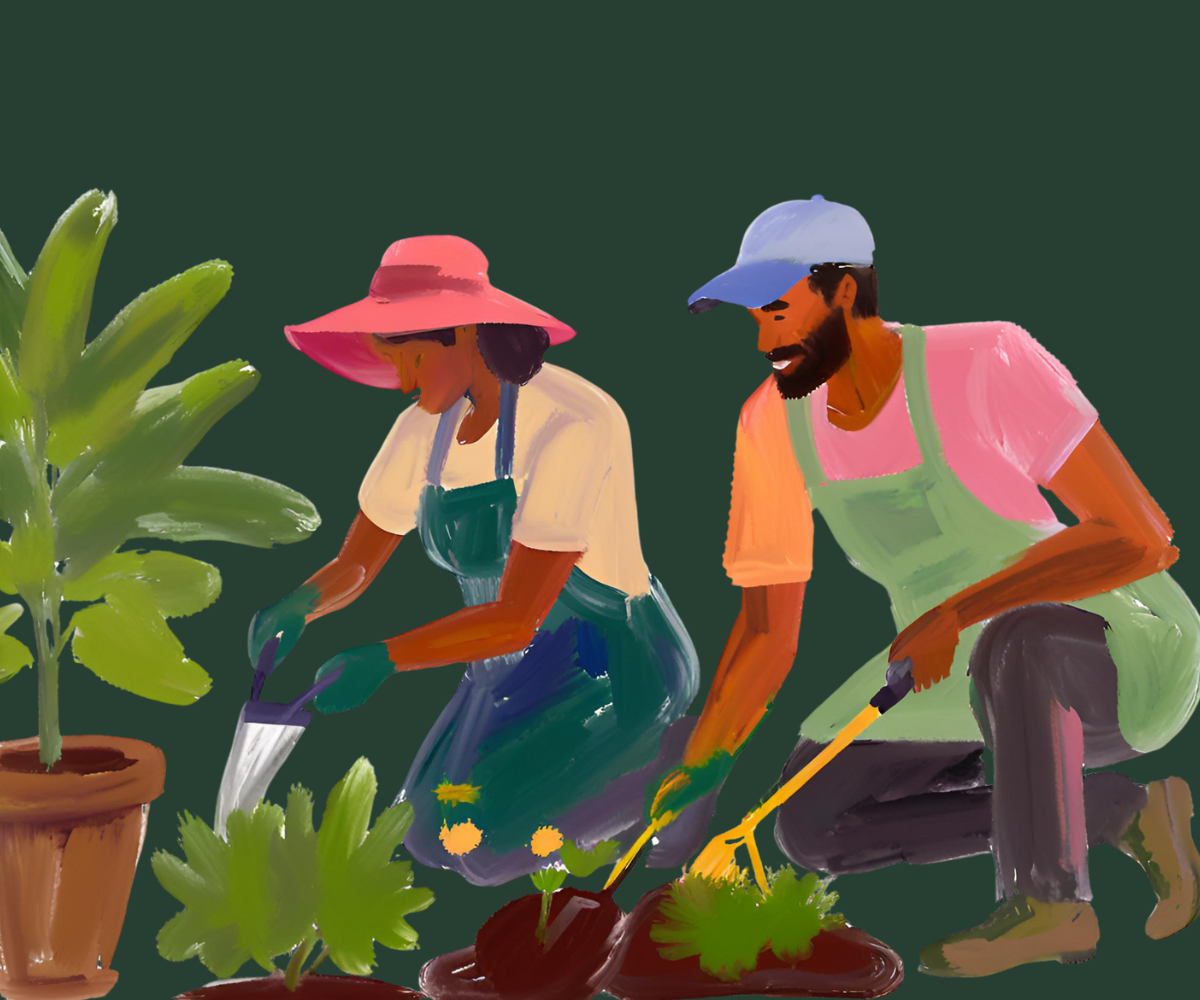 Illustration of two gardeners planting flowers and a potted plant on a dark background. One person is watering plants with a can, and the other is handling a trowel. Both are wearing aprons and hats.