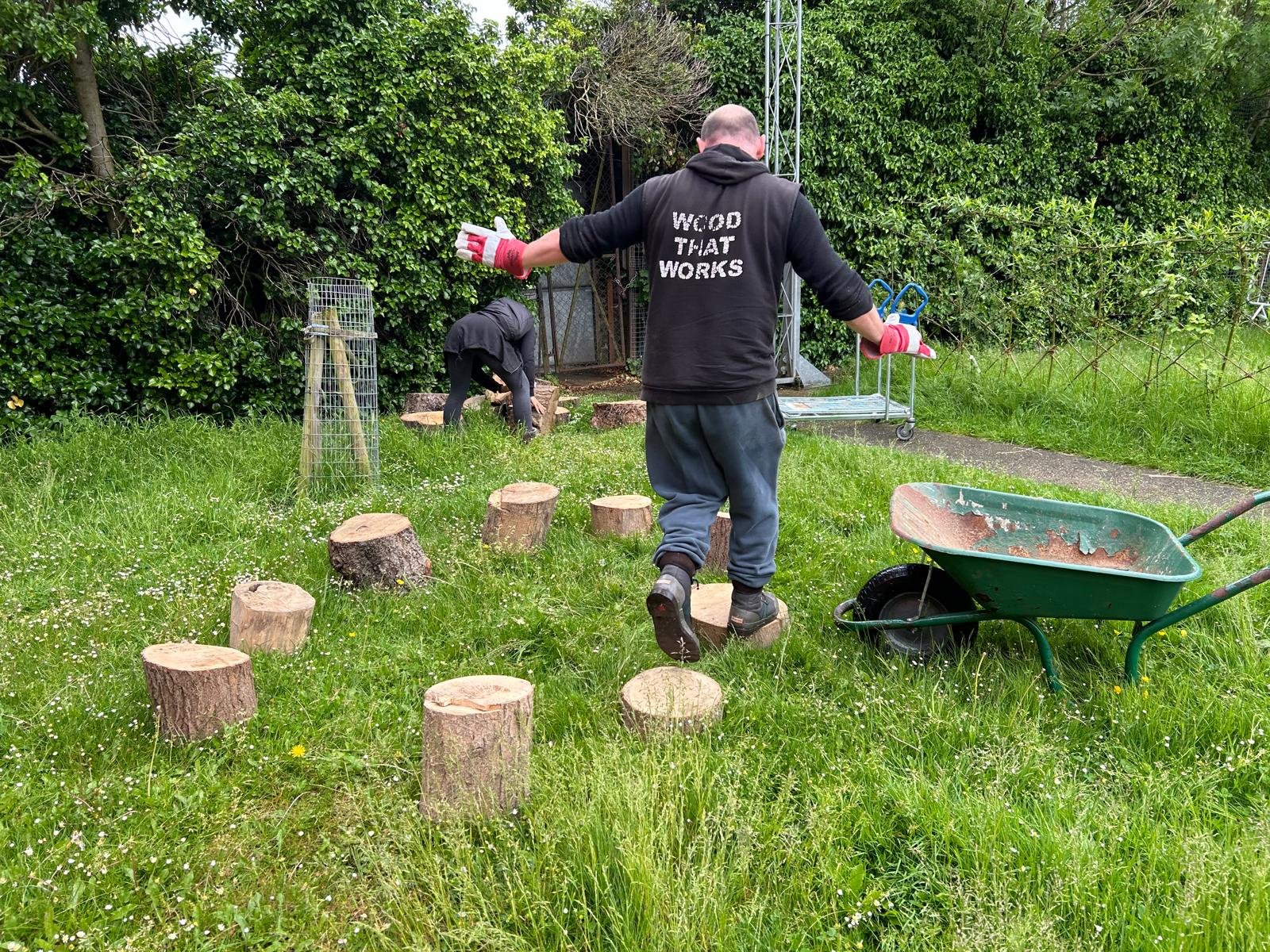 Tree stumps arranged for students to sit, play, and connect with nature in a natural outdoor setting.