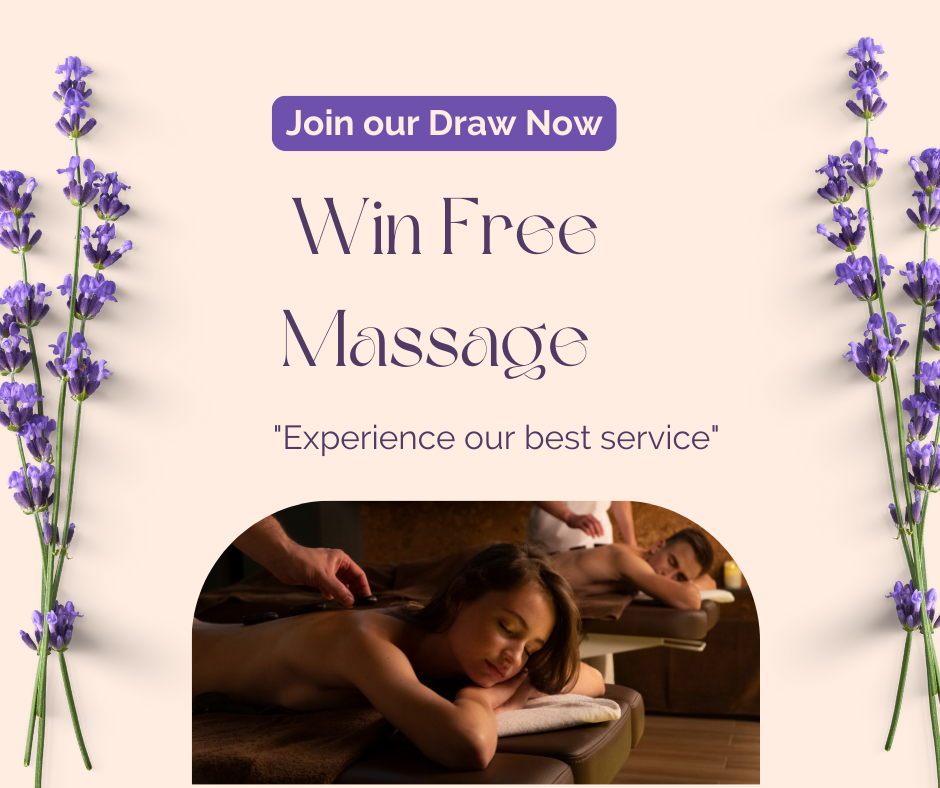 A promotional flyer for a massage service offering a chance to win a free massage, featuring purple lavender flowers along the sides and a photo of two women receiving massages.